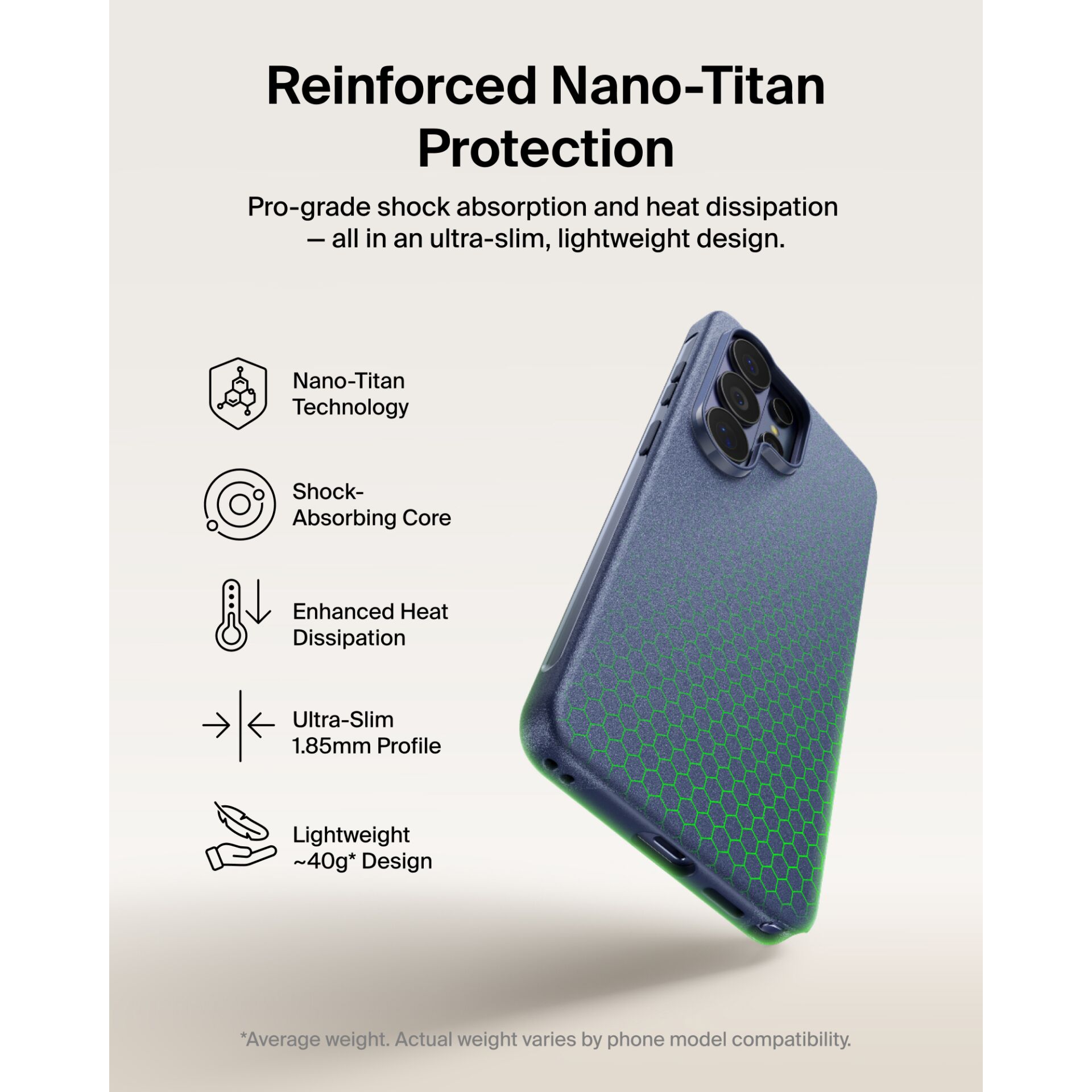 Nano-Titan Technologie, Stoßdämpfender Kern, Verbesserte Wärmeableitung, Ultra-slimes Profil, Leichtes Design