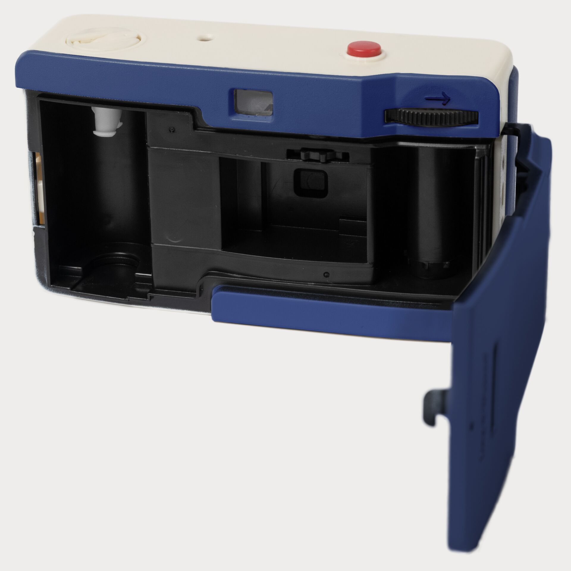 Polaroid-Stil Sofortkamera, blauer Körper, offener Rücken, Kunststoffgehäuse, manueller Belichtungsdial