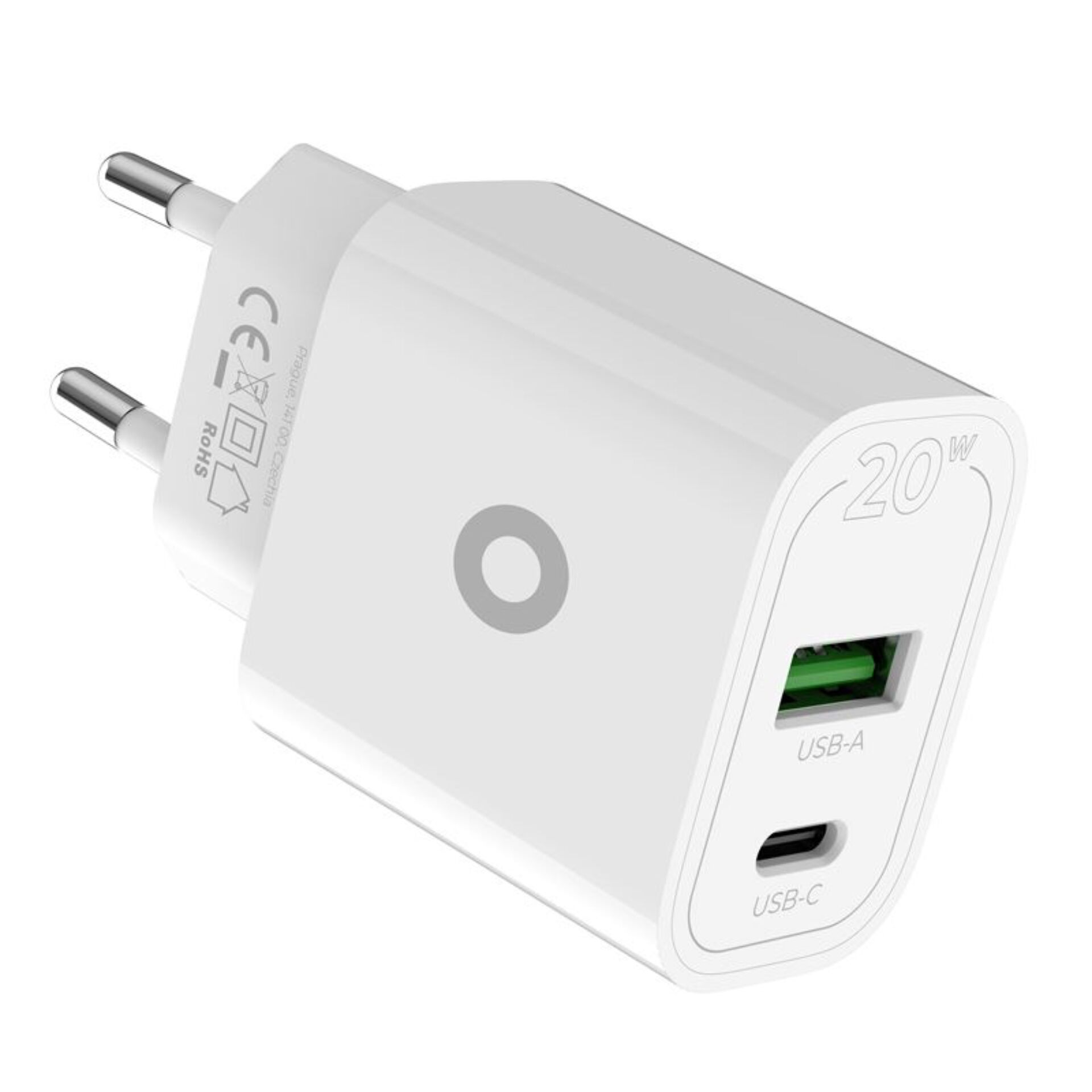 EU-Stecker, USB-C-Anschluss, USB-A-Anschluss, 20W-Ladegerät, weiße Farbe