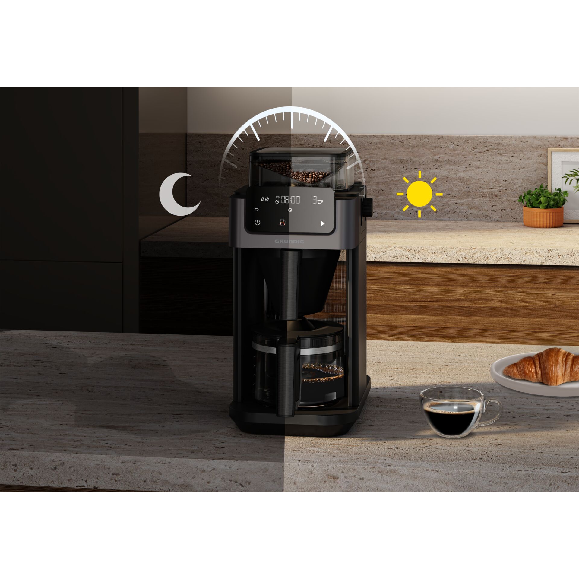 Kaffeemaschine, Kaffeemühle integriert, Bohnenbehälter, Touchdisplay, Schwarz