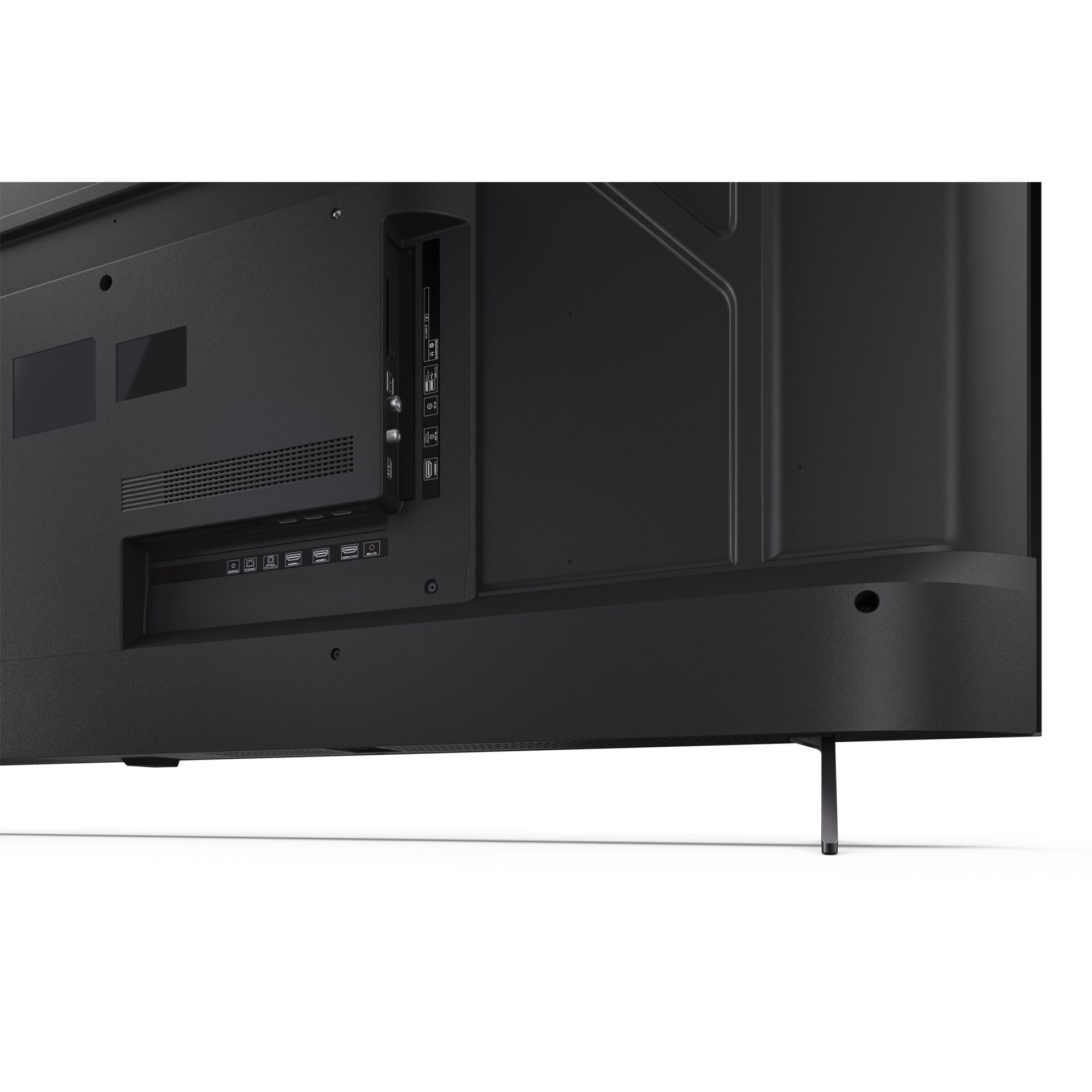 TV rear ports, HDMI ports, USB ports, stand feet, VESA mount