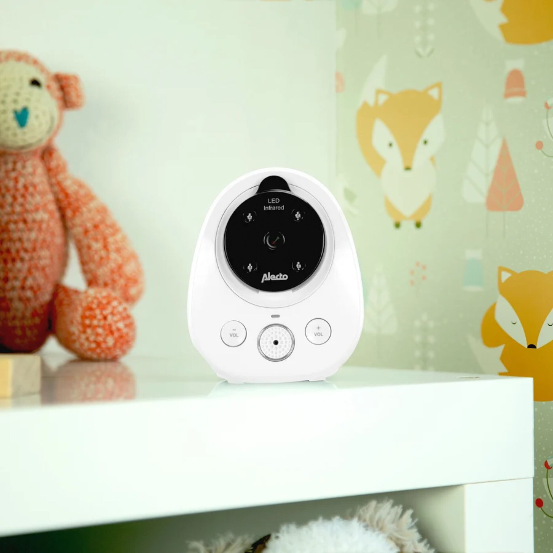 baby-monitor, weiße gerät, LED-Infrarot, Lautstärkeregler, dockbarer lautsprecher