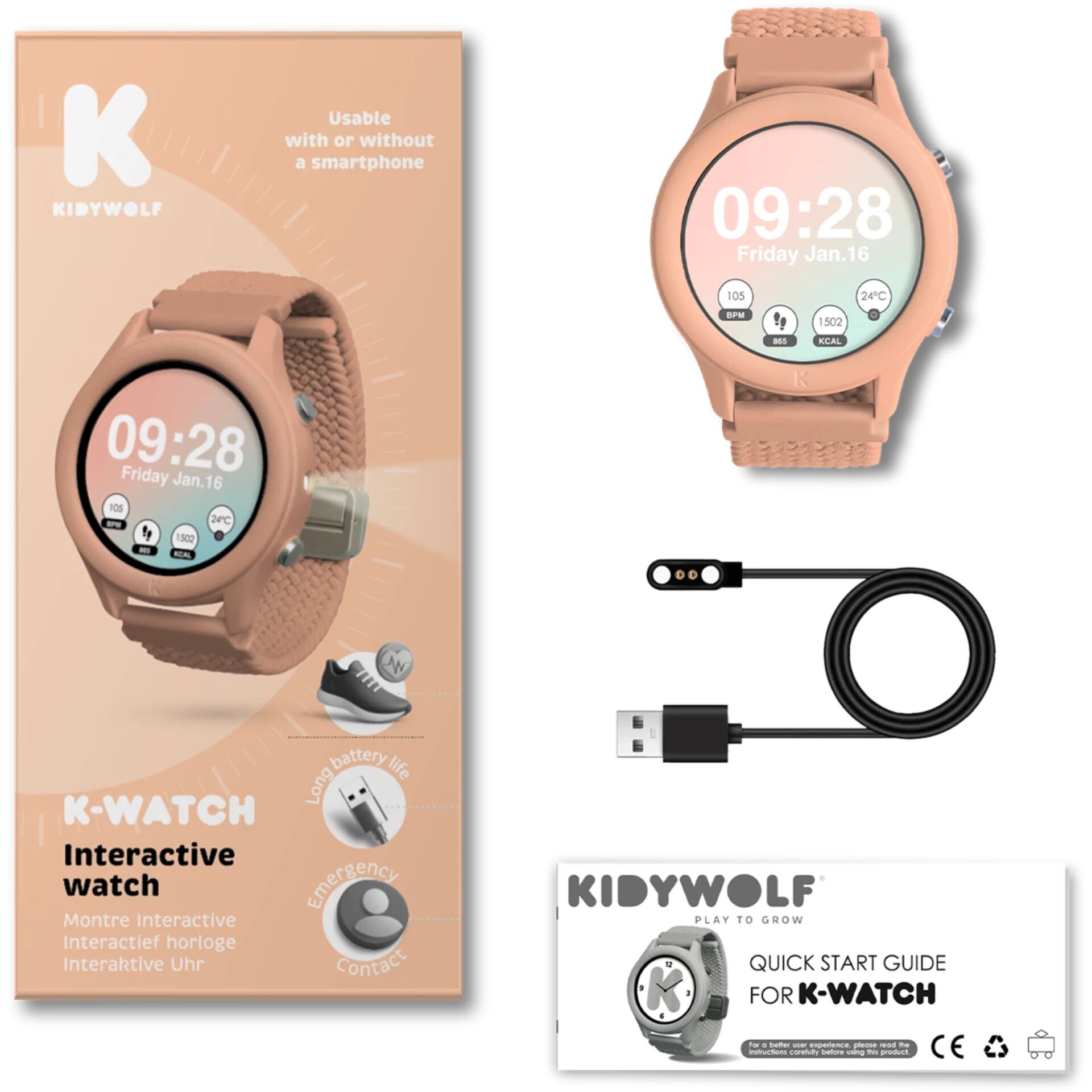 smartwatch, pink, k-watch, kid-friendly, usb charging