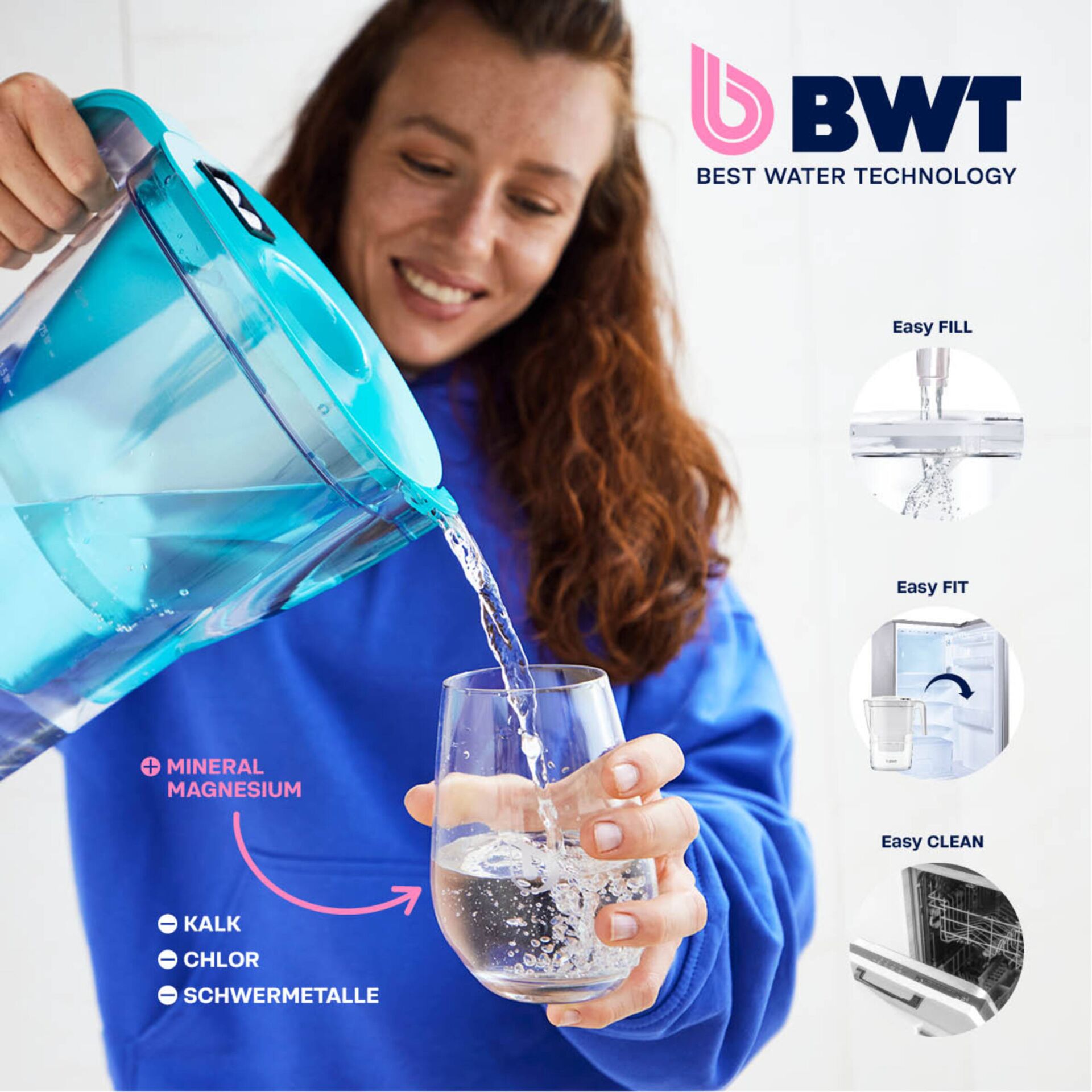 Wasserfilterkanne, Türkis-transparent, Magnesiumanreicherung, Kalkfilter, Einfach nachfüllbar