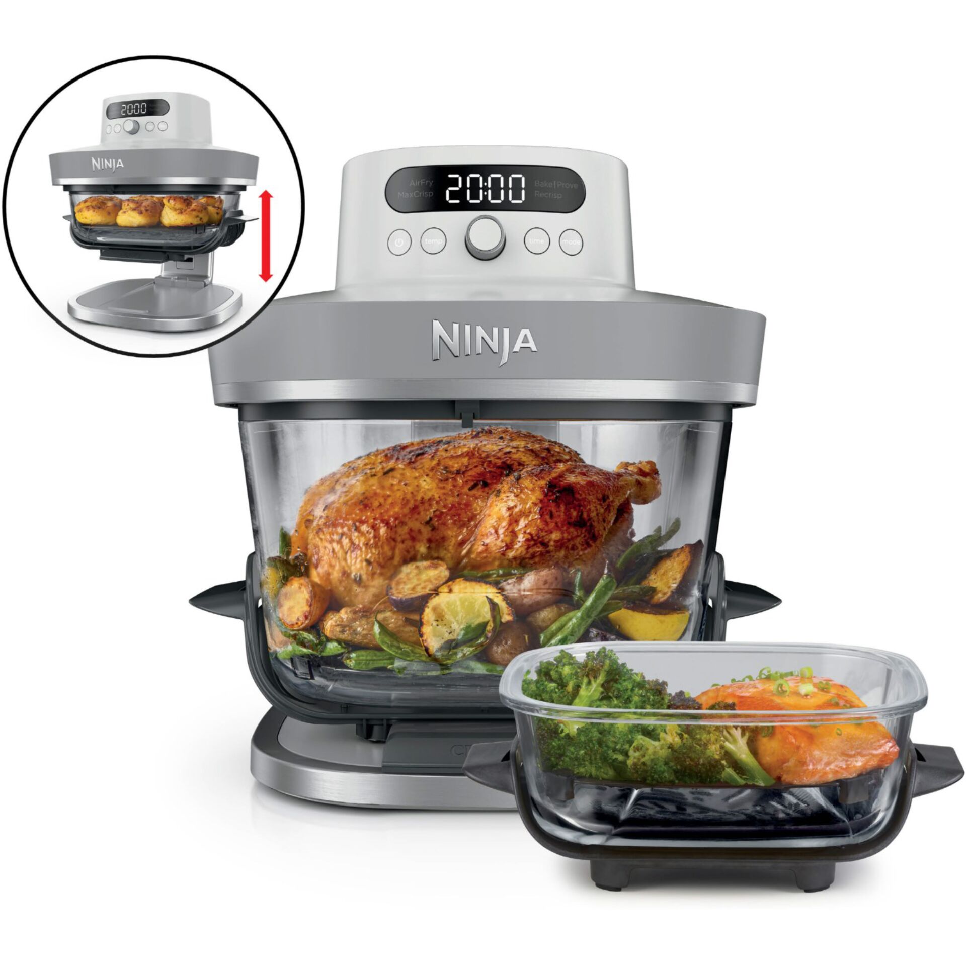 Multikochgerät, Heißluftfritteuse, Rotisserie, Glasbehälter, Timer-Anzeige