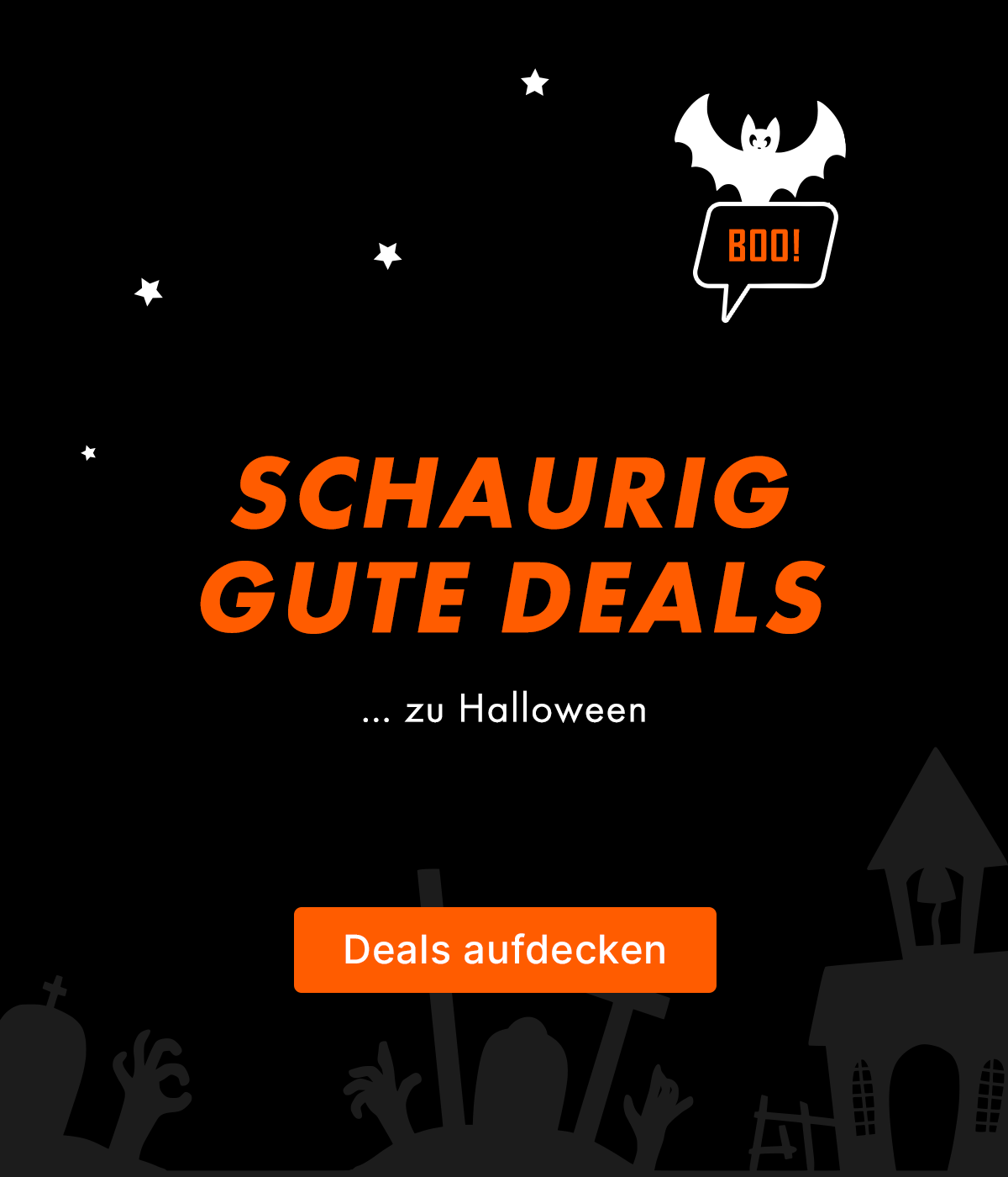 Halloween-Werbung, schwarzer Hintergrund, orange Schrift, Fledermausmotiv, Werbebanner