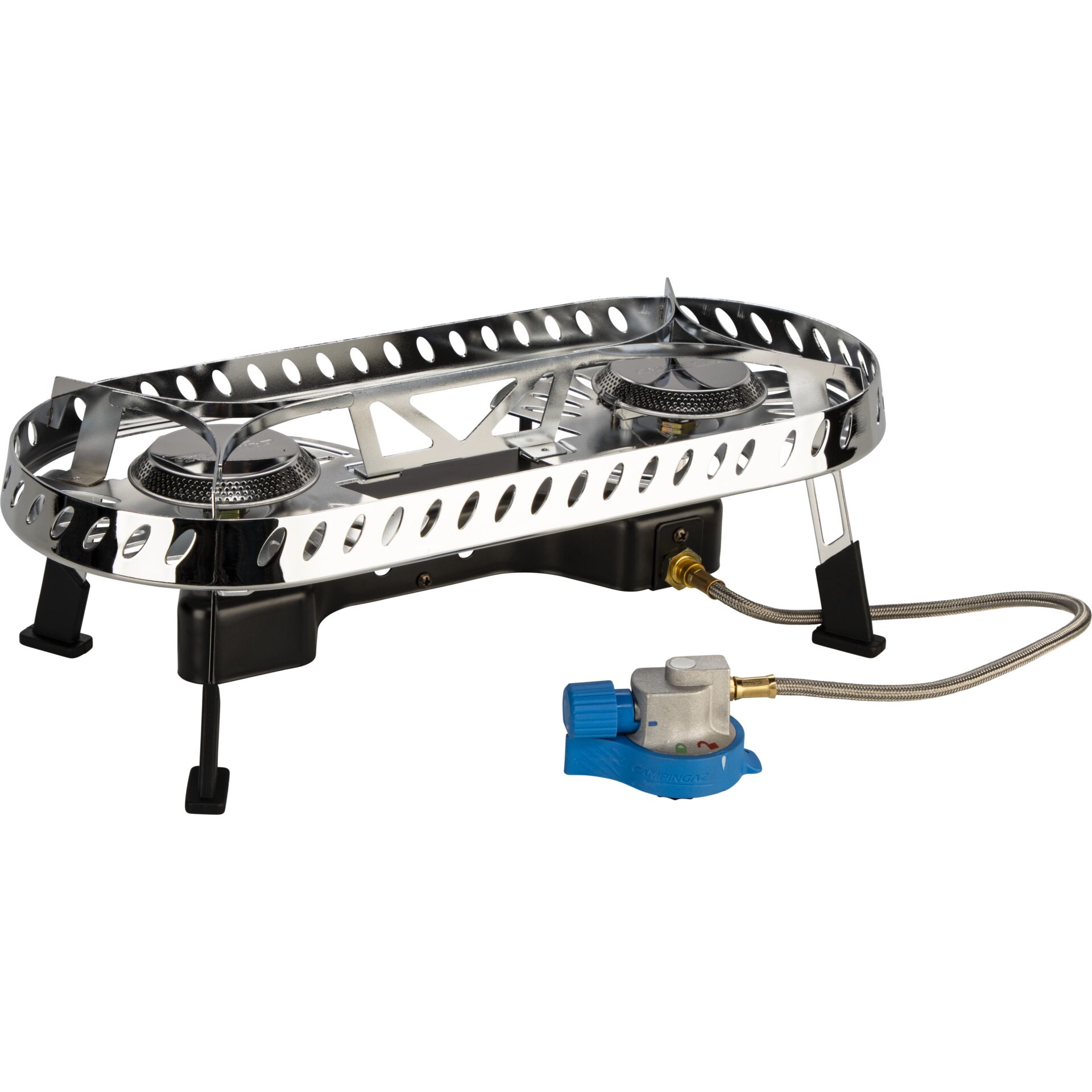 gas stove, camp stove, portable stove, metal frame, blue regulator