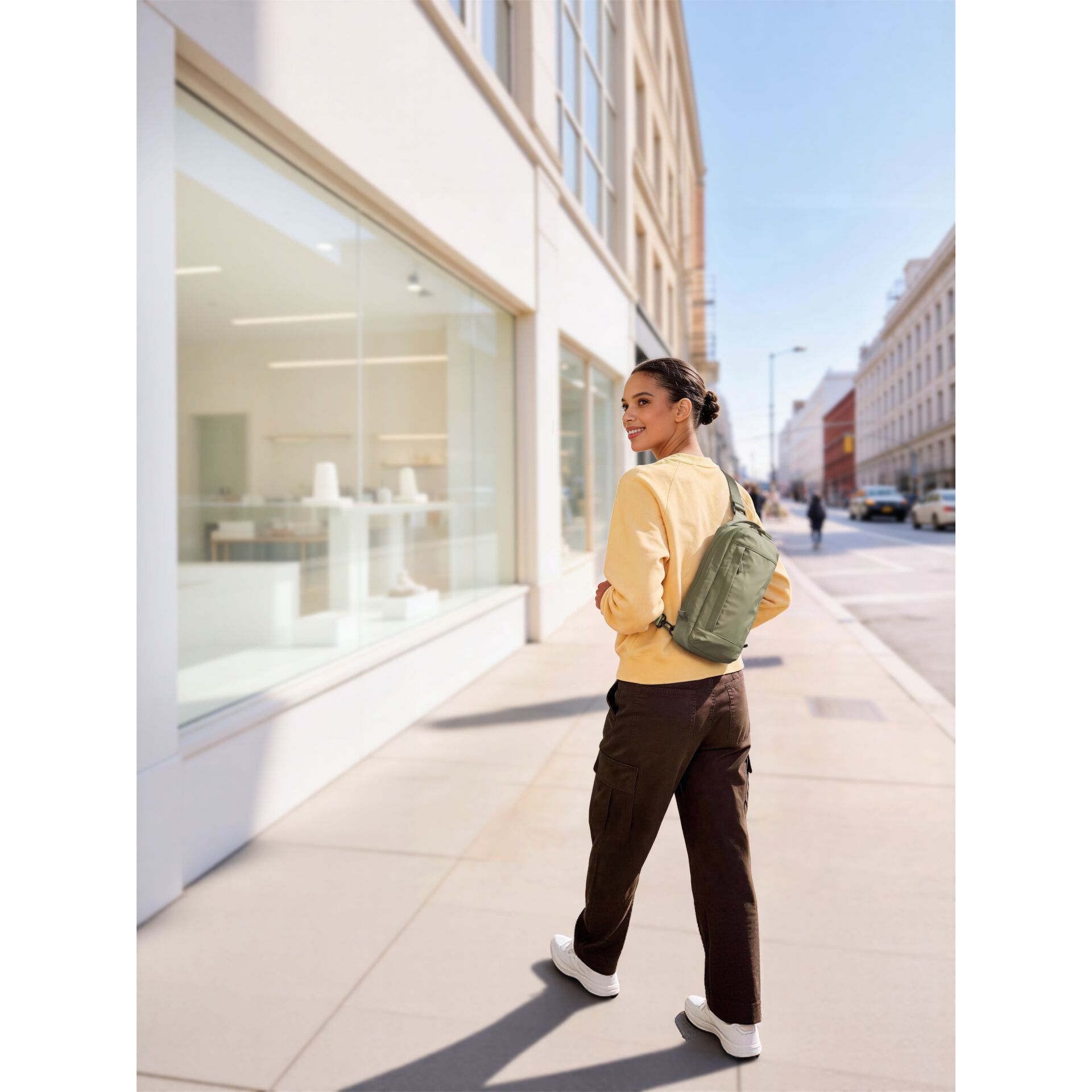 Rucksack, Olivgrüner Rucksack, Casual-Outfit, Urbaner Streetstyle, Minimalistische Tasche
