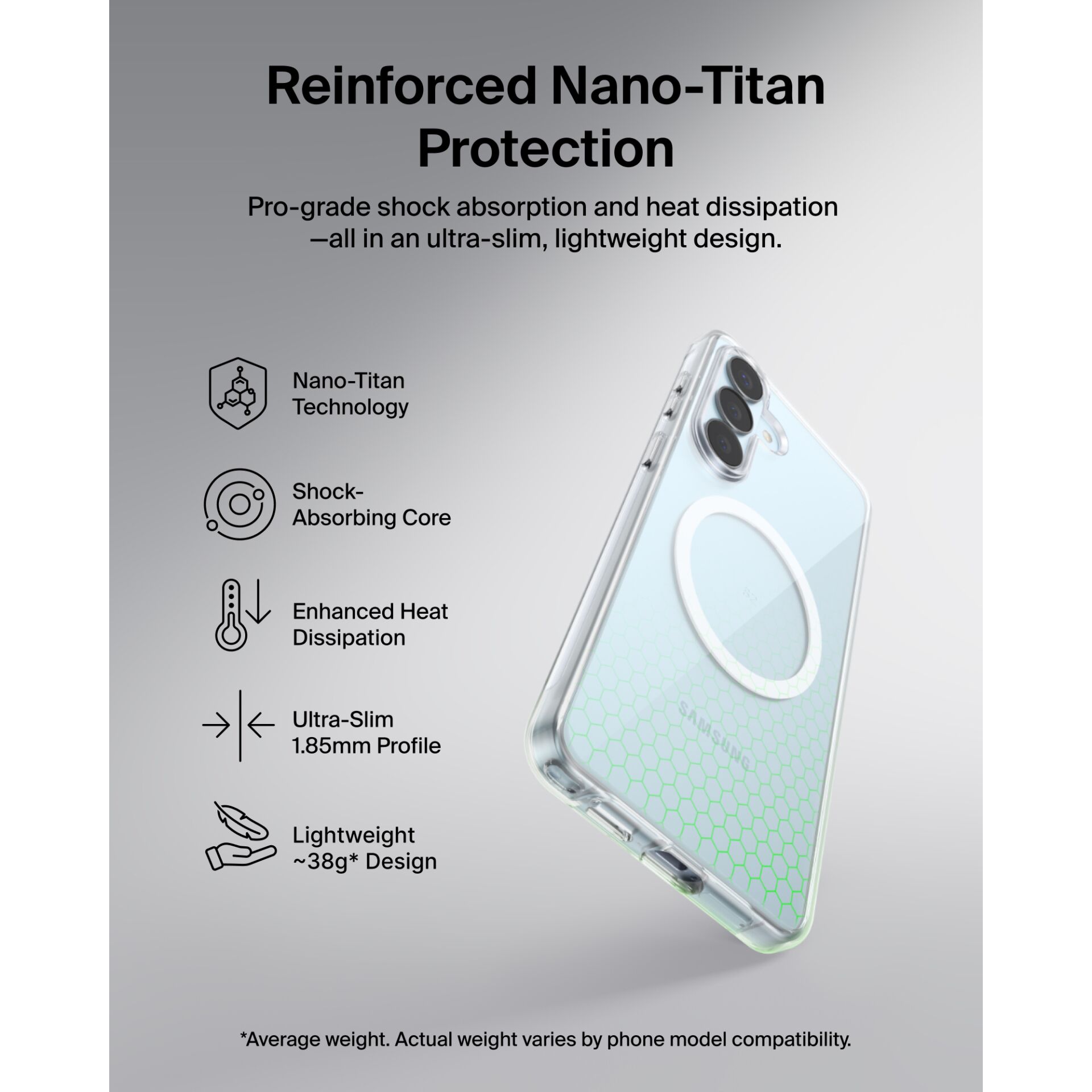 Nano-Titan Protection, Shock-Absorbing Core, Enhanced Heat Dissipation, Ultra-Slim Profile, Transparent Phone Case