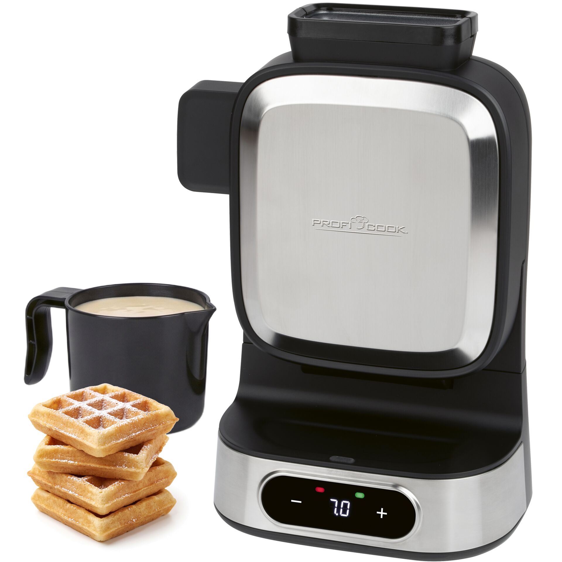 Waffeleisen, Edelstahl, Schwarz, Digitalanzeige, Teigbehälter