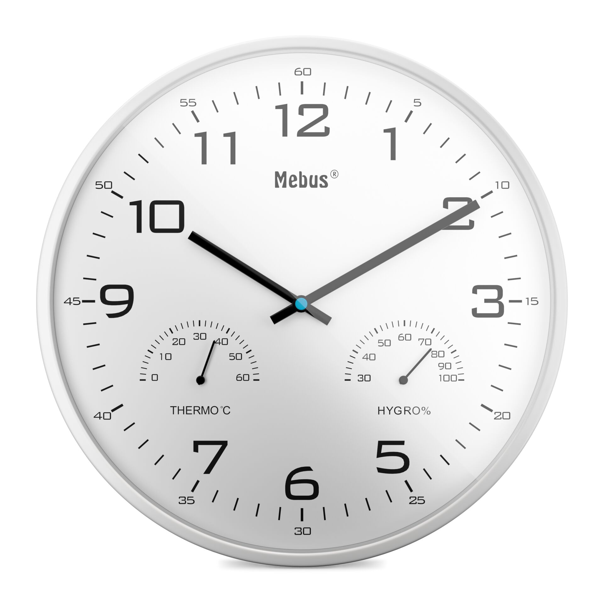 Wanduhr, Analoguhr, Silber, großes Zifferblatt, Thermometer Hygrometer