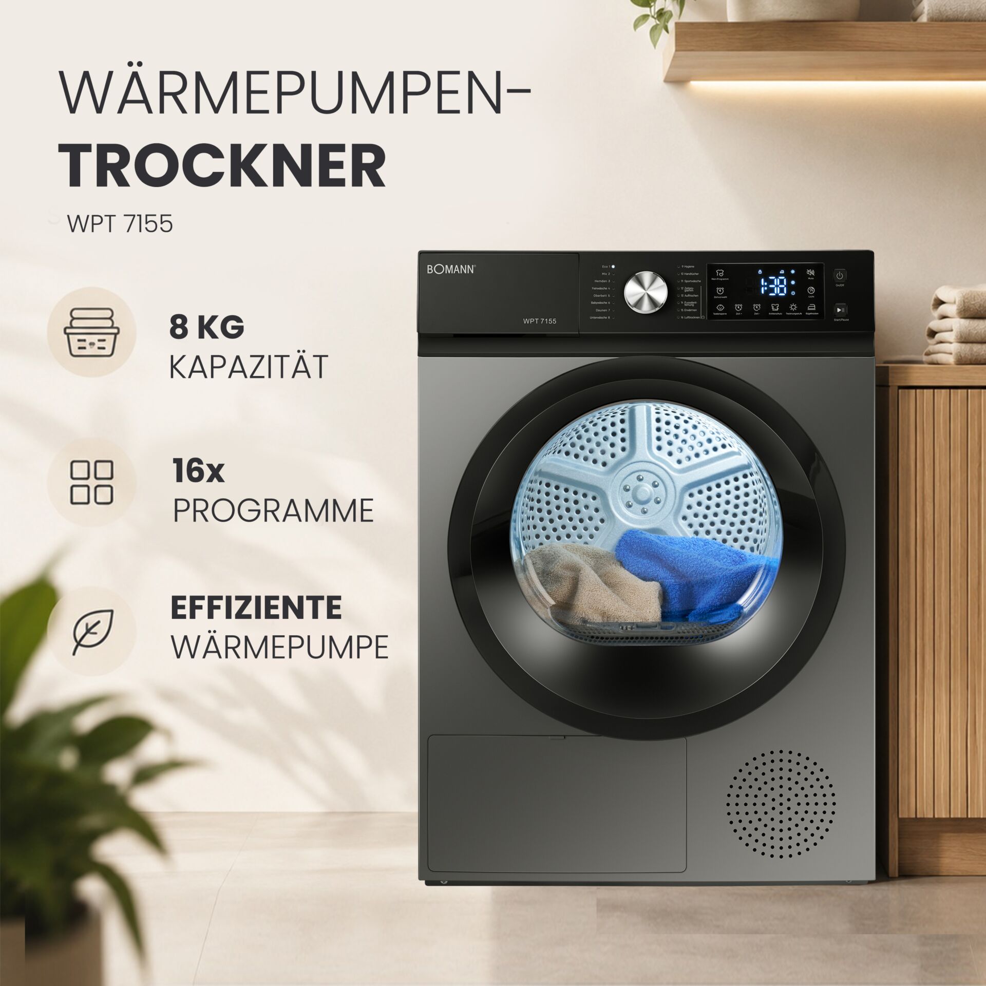 Wärmepumpentrockner, 8 kg Fassungsvermögen, 16 Programme, Frontlader, Schwarz und Grau