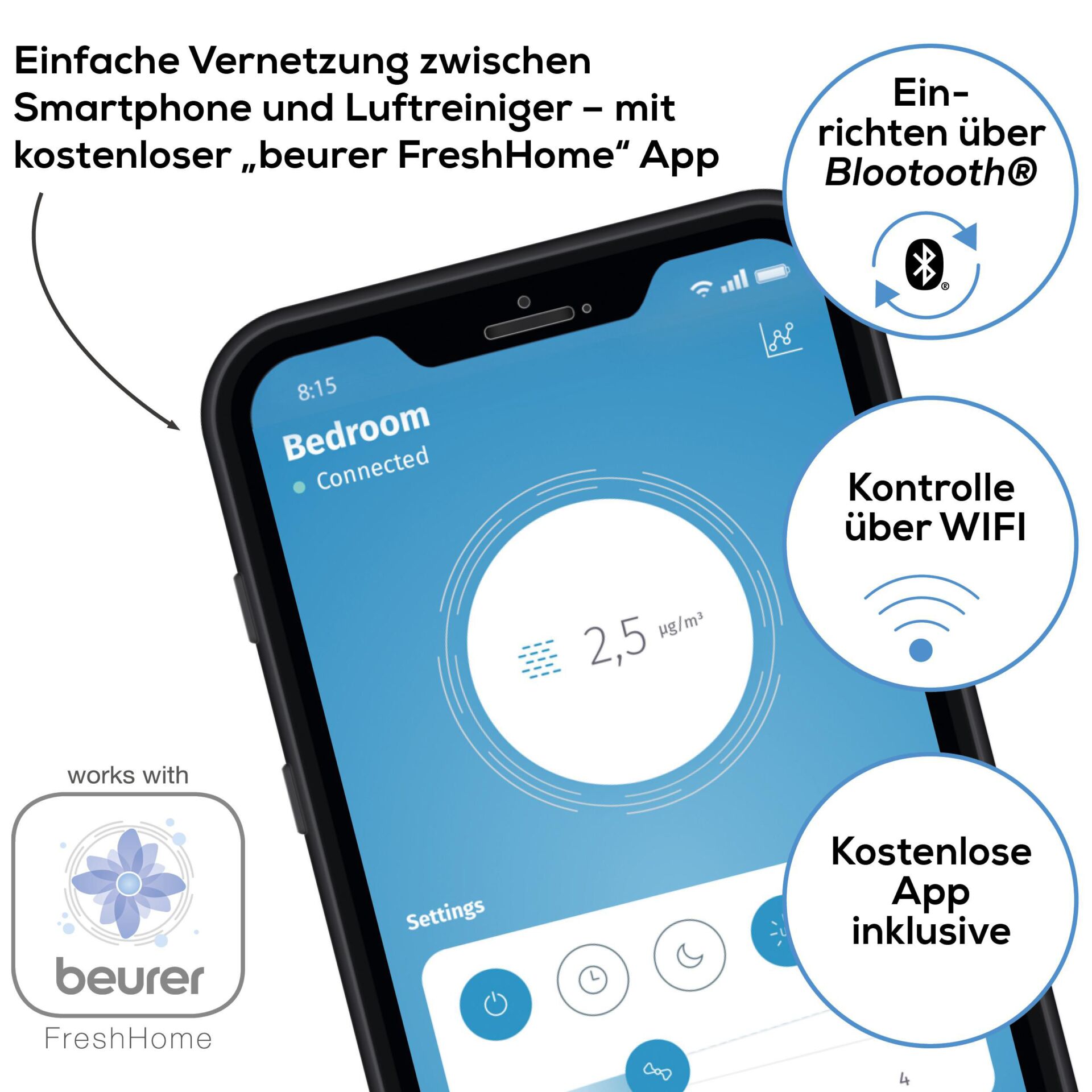 Bluetooth, Luftreiniger, Smartphone-Adapter, App-Steuerung, Beurer FreshHome
