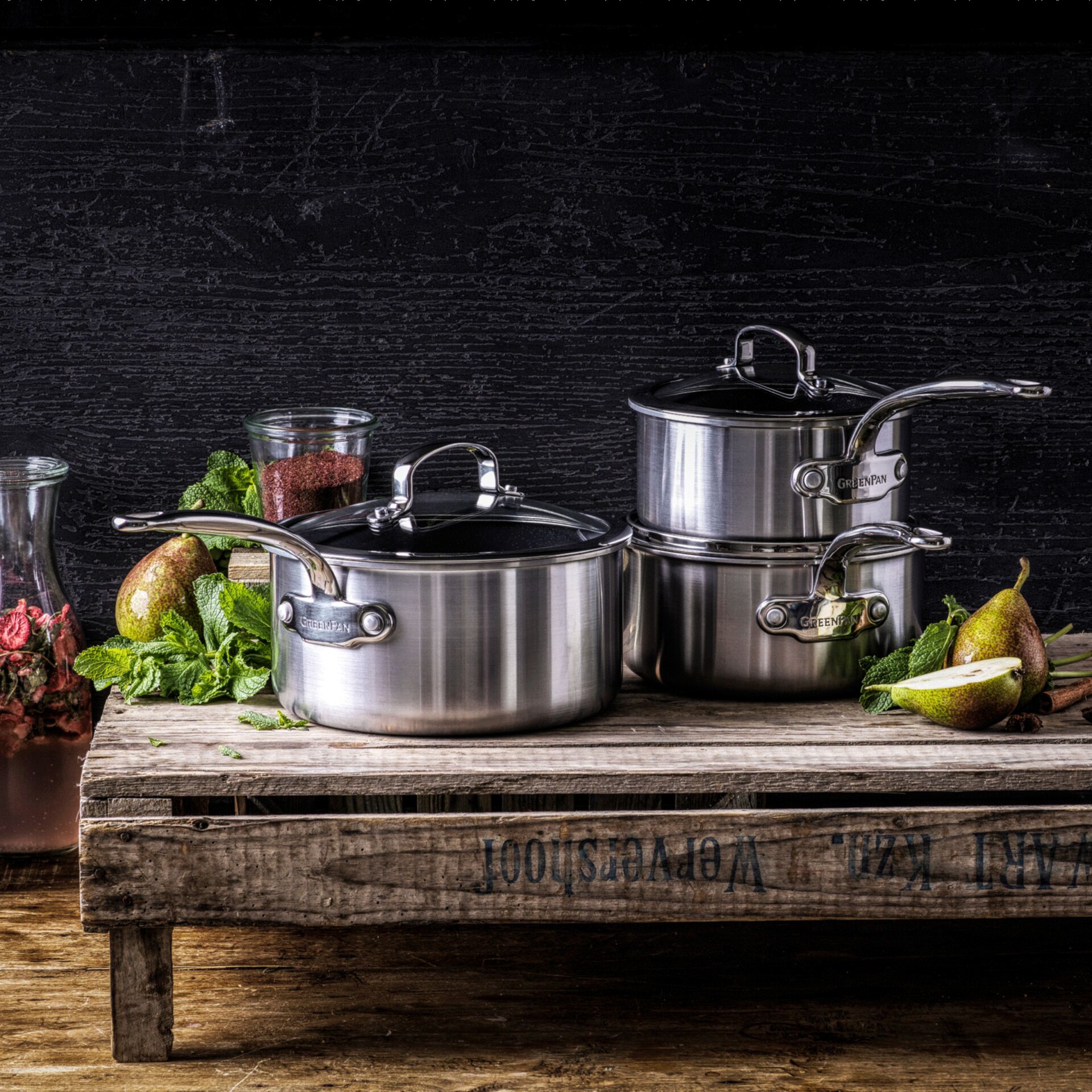 Kochgeschirr, Topfset, Edelstahl, Glänzende Beschichtung, Grünes Obst/Frucht