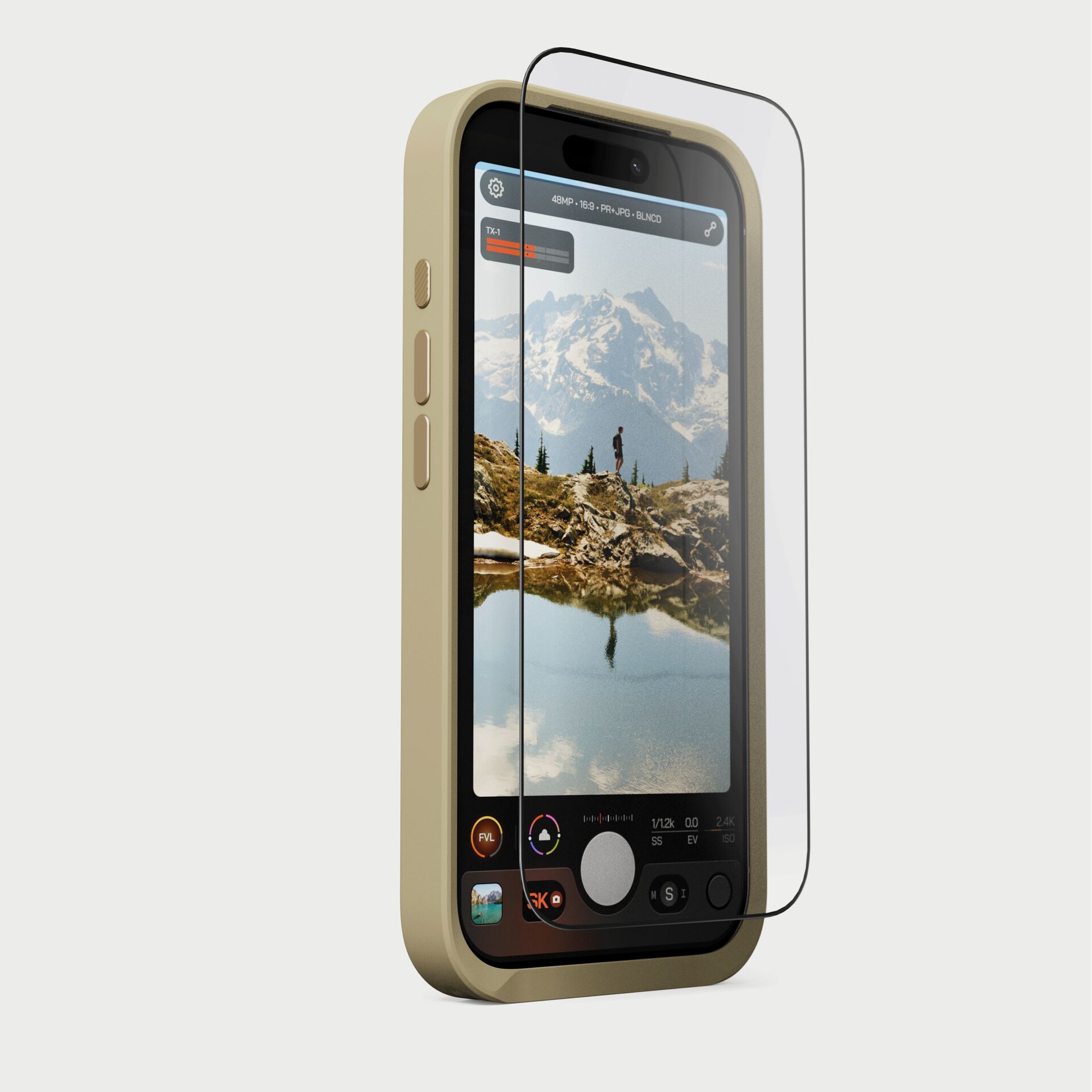 Smartphone, Bildschirmfolie, Beige Hülle, Berglandschaft, Wasserreflexion