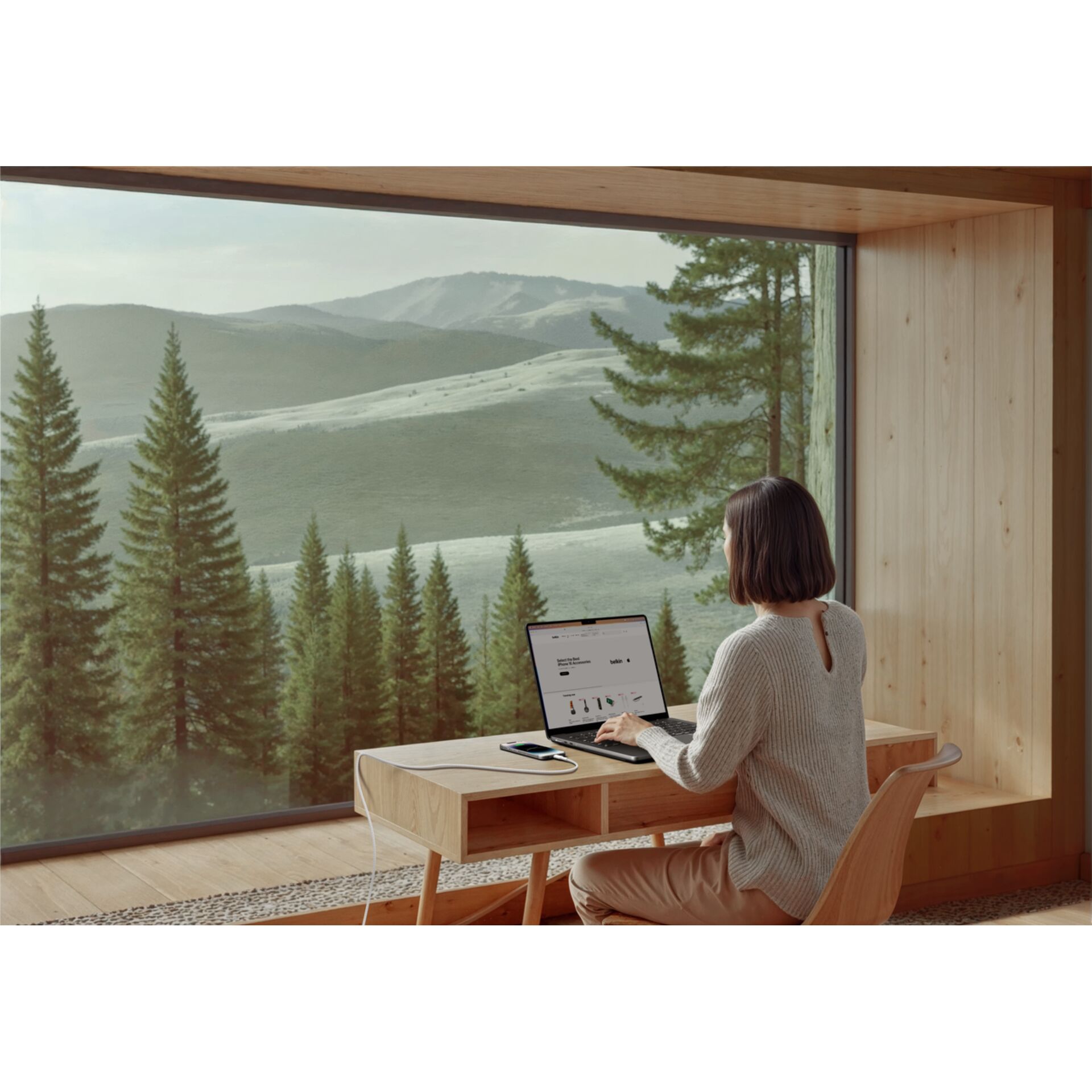Home Office, Laptop, Arbeitsplatz, Holztisch, Naturblick