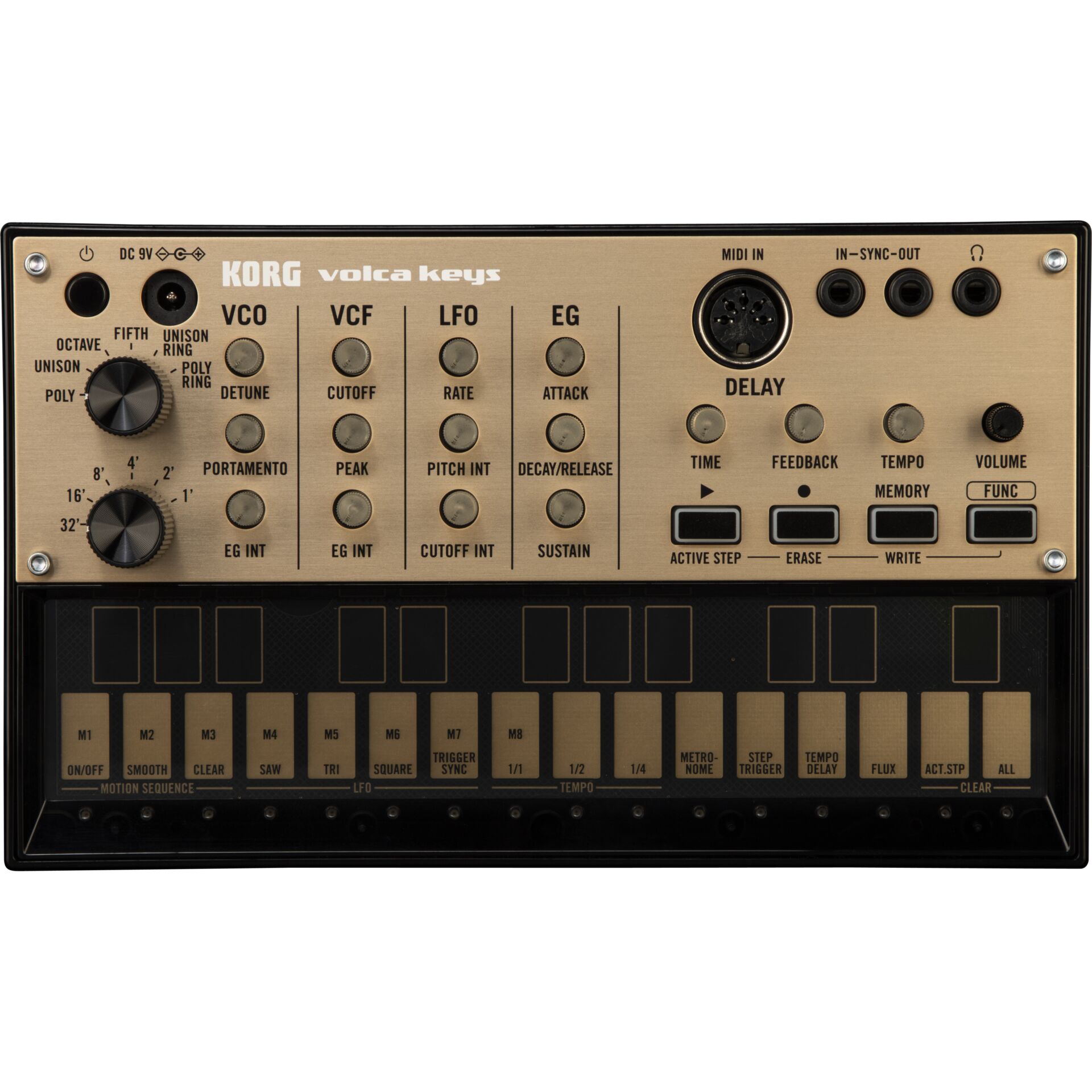 analog, Synthesizer, Korg Volca Keys,  brass panel, pads and keys