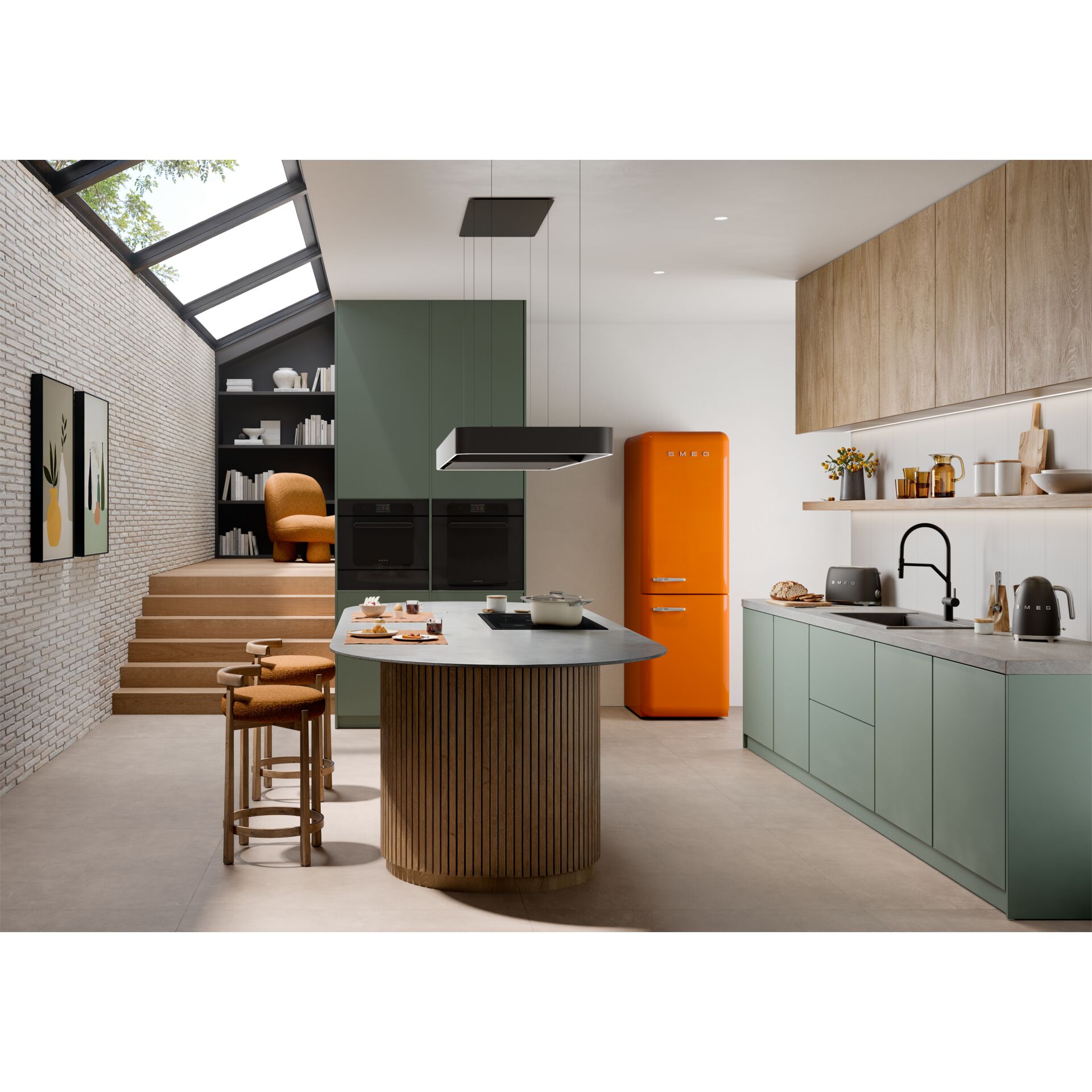 kitchen, kitchen island, orange refrigerator, green cabinets, moderne Küche