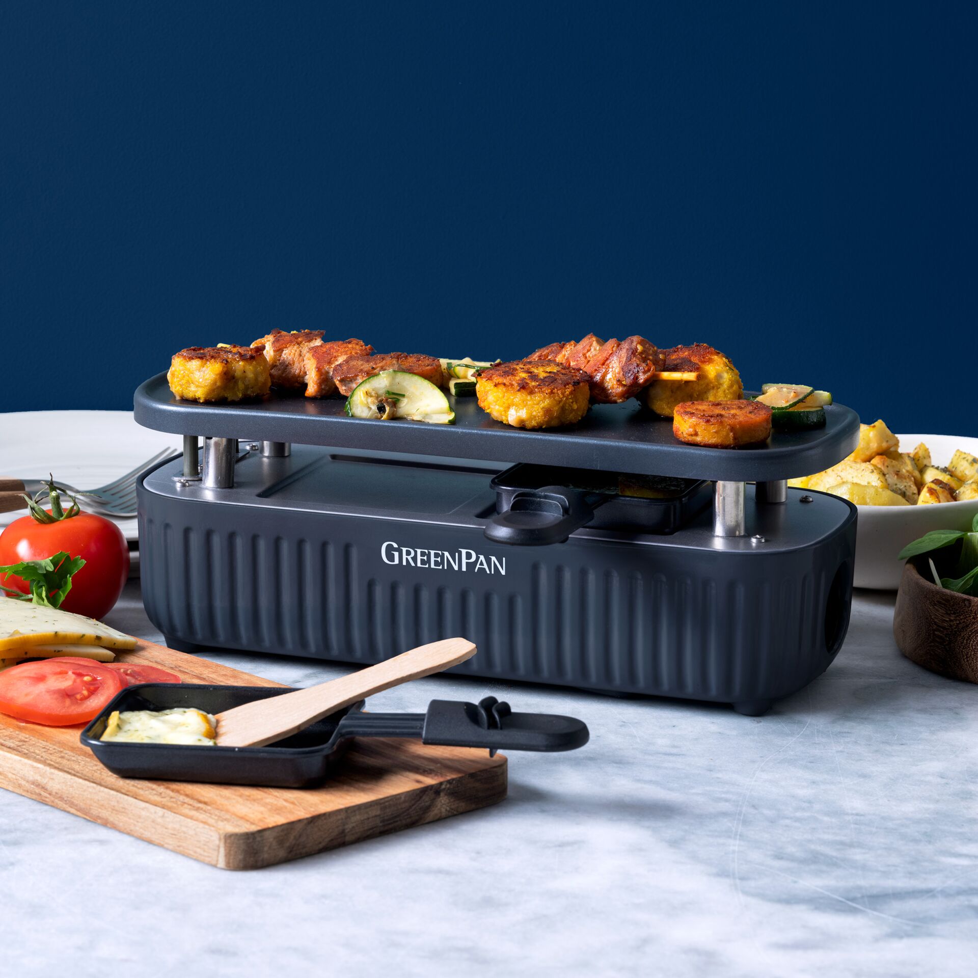 Raclette-Grill, Tischgrill, Grillplatte, anthrazitfarben, Pfännchen