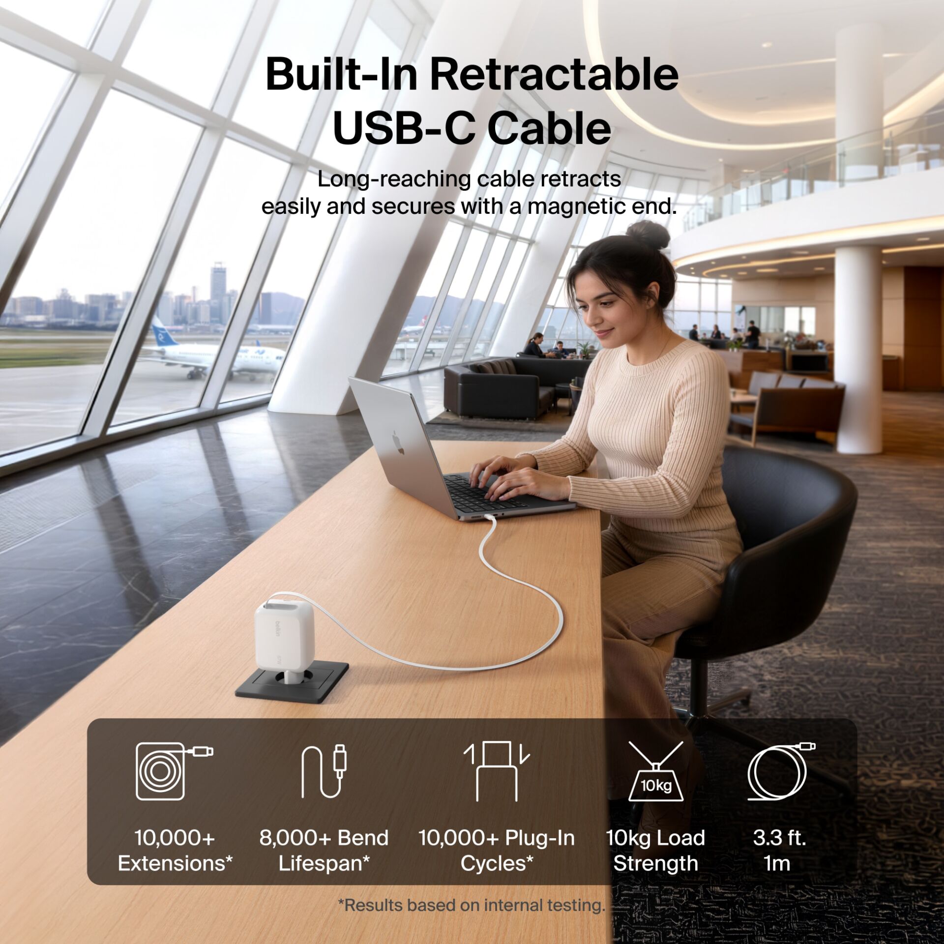 USB-C-Kabel, integrierbar ausziehbar, magnetisches Ende, Kabelaufroller, Laptop-Arbeitsplatz