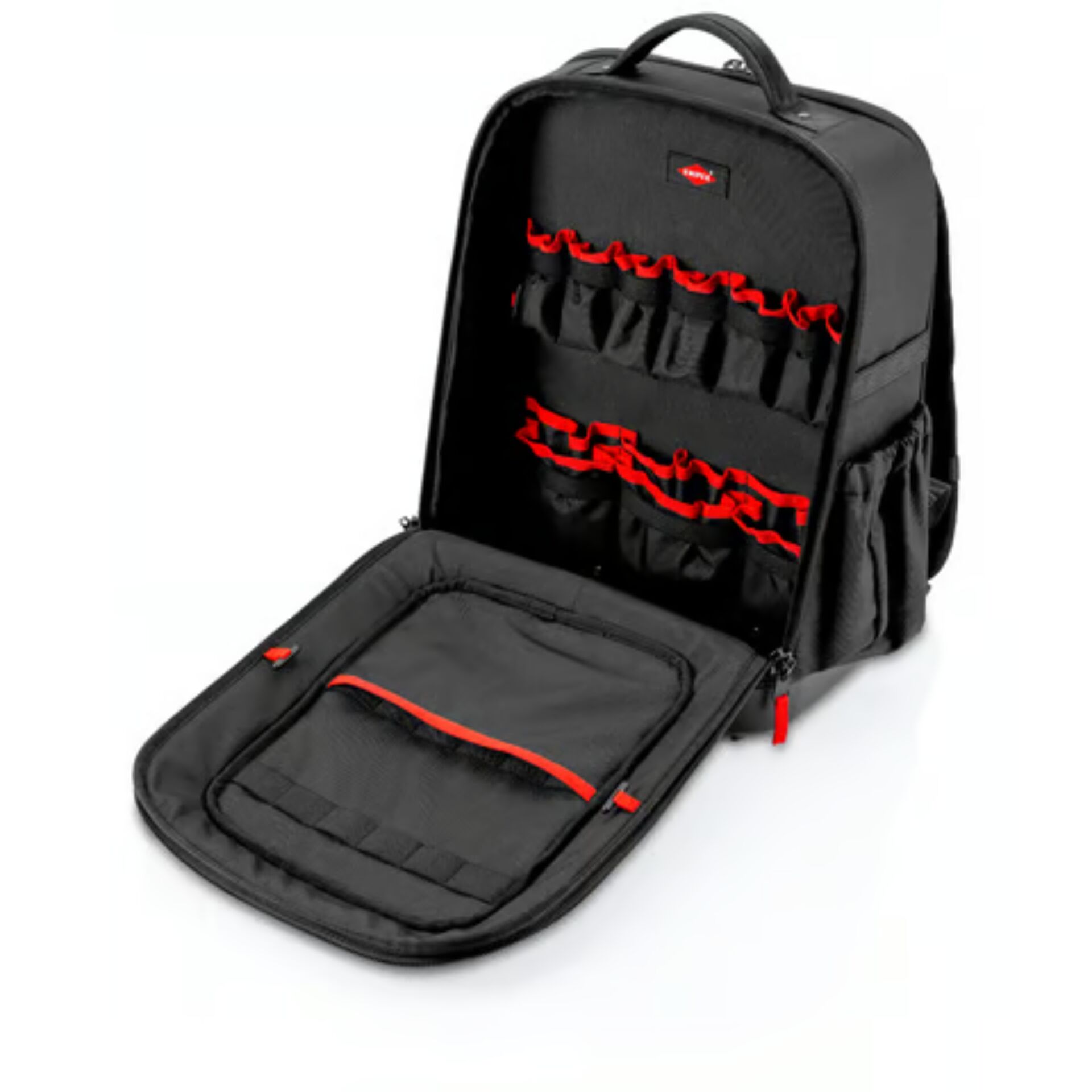 Werkzeugrucksack, Schwarz, Rotes Innenfutter, Mehrere Werkzeugfächer, Textil