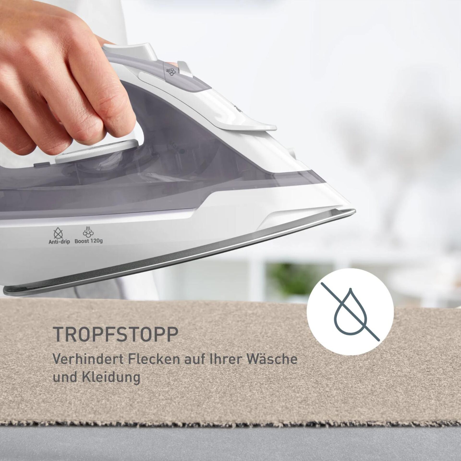 Dampfbremse, Anti-Drip, Bügelsohle, Glättung, 120g Boost