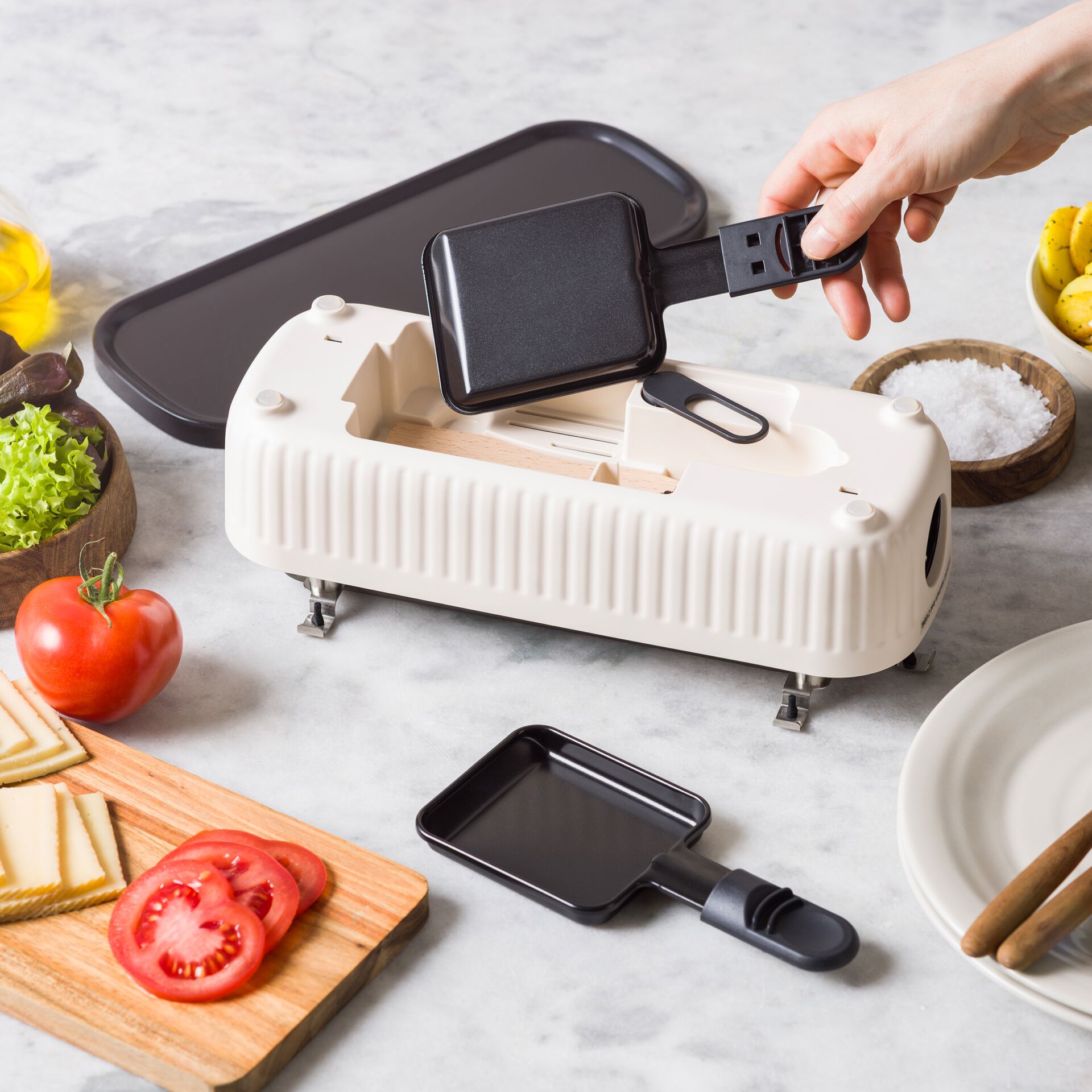 Raclette-Grill, Mini-Pfännchen, Antihaftbeschichtung, Tischgrill, Cremeweiß
