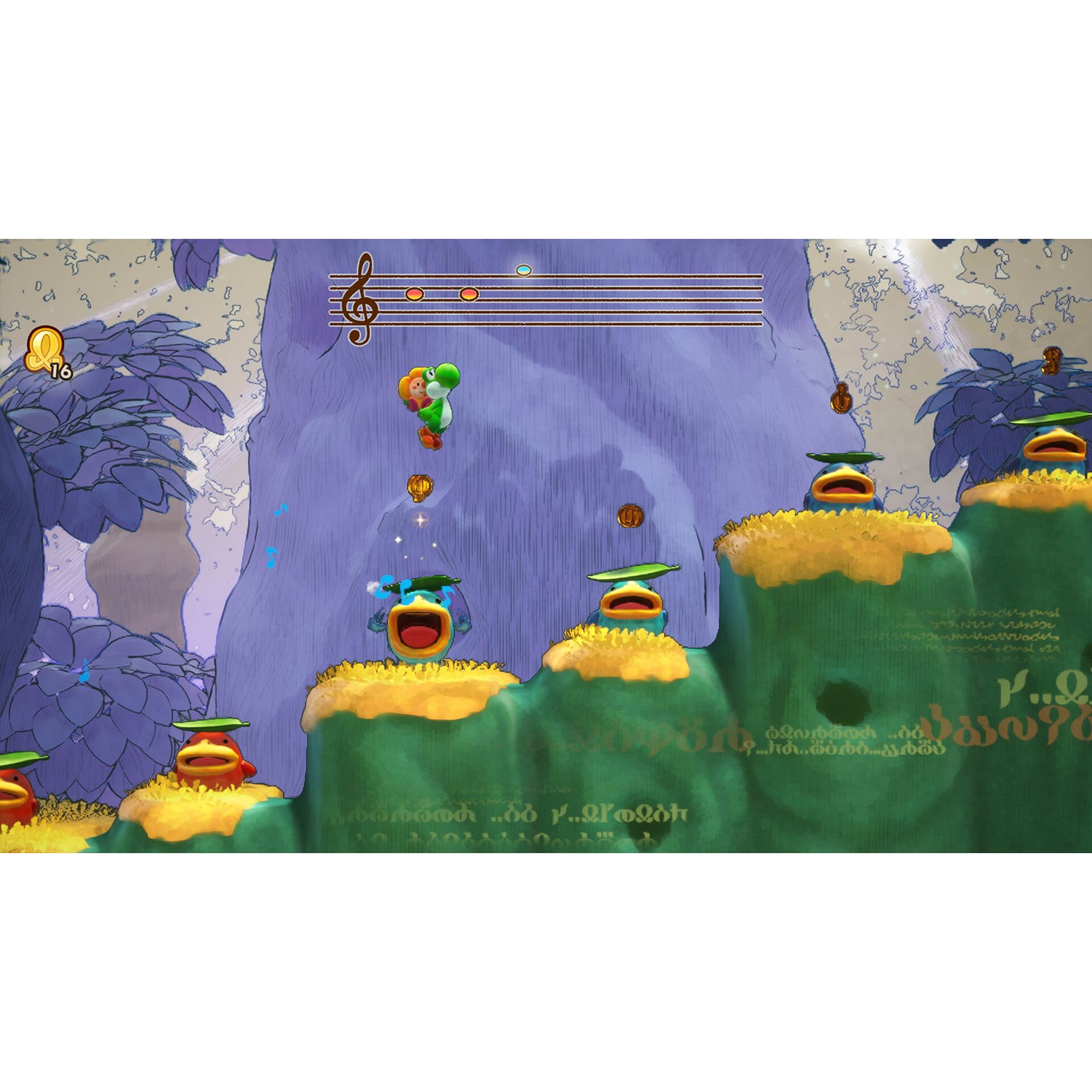Videospiel, Plattformspiel, Yoshi-Charakter, Lila Hintergrund, Münzen
