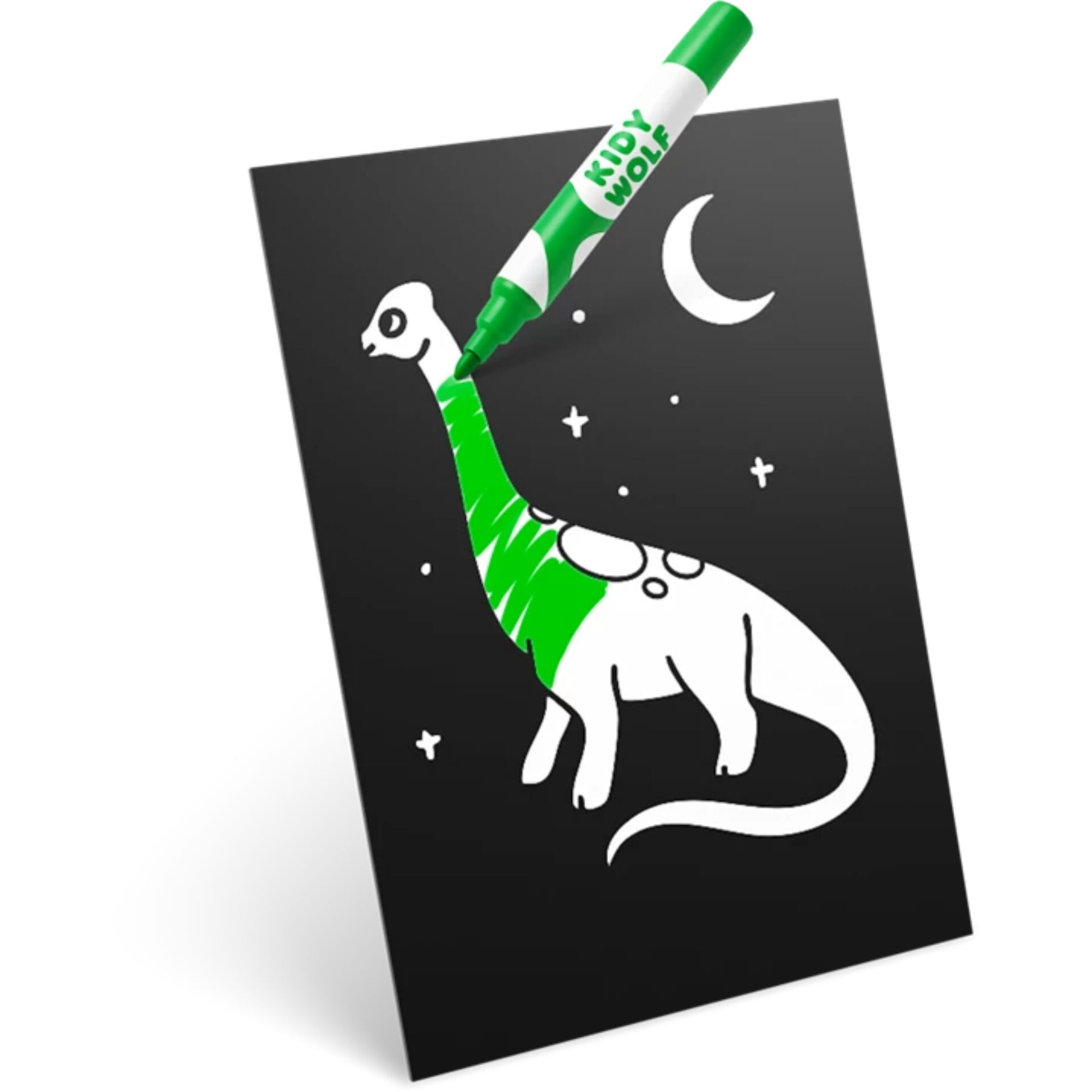 Kreidezeichnung, Ausmalbild, Dino, grünes Marker, Nachthimmel