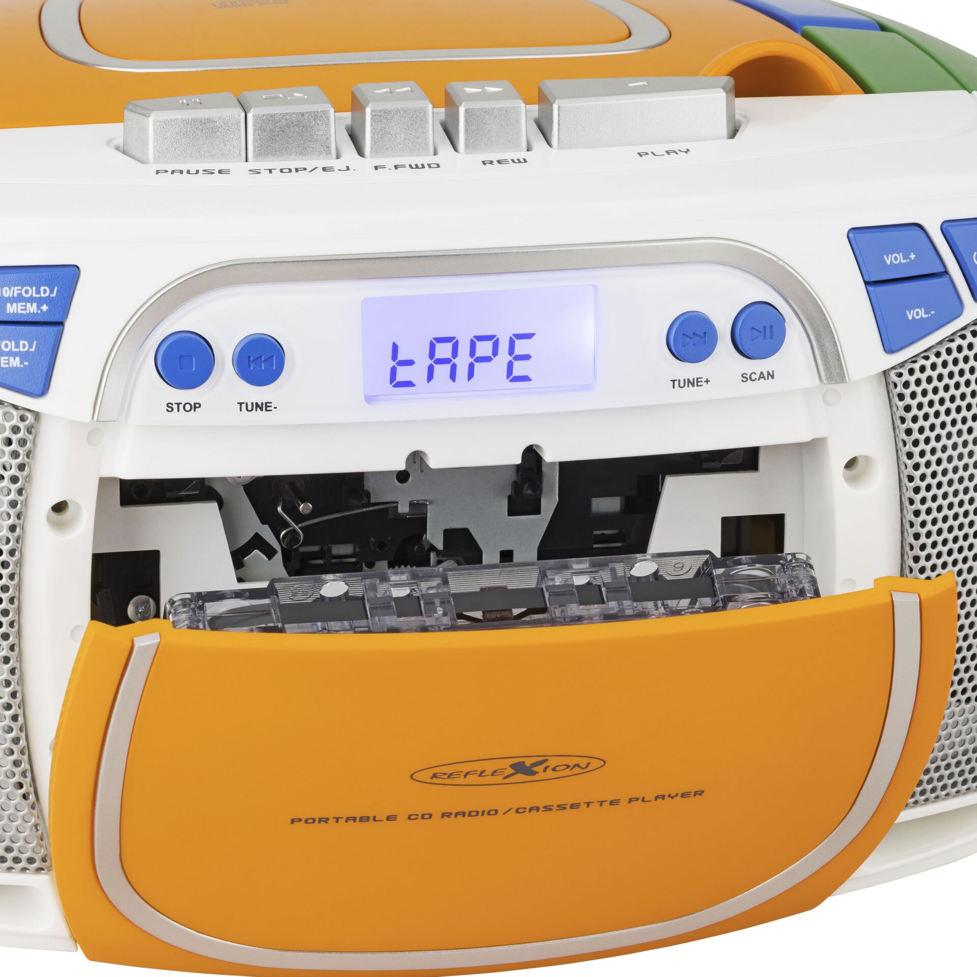Boombox, CD-Player, Orange, Digitalanzeige, Kassette offen