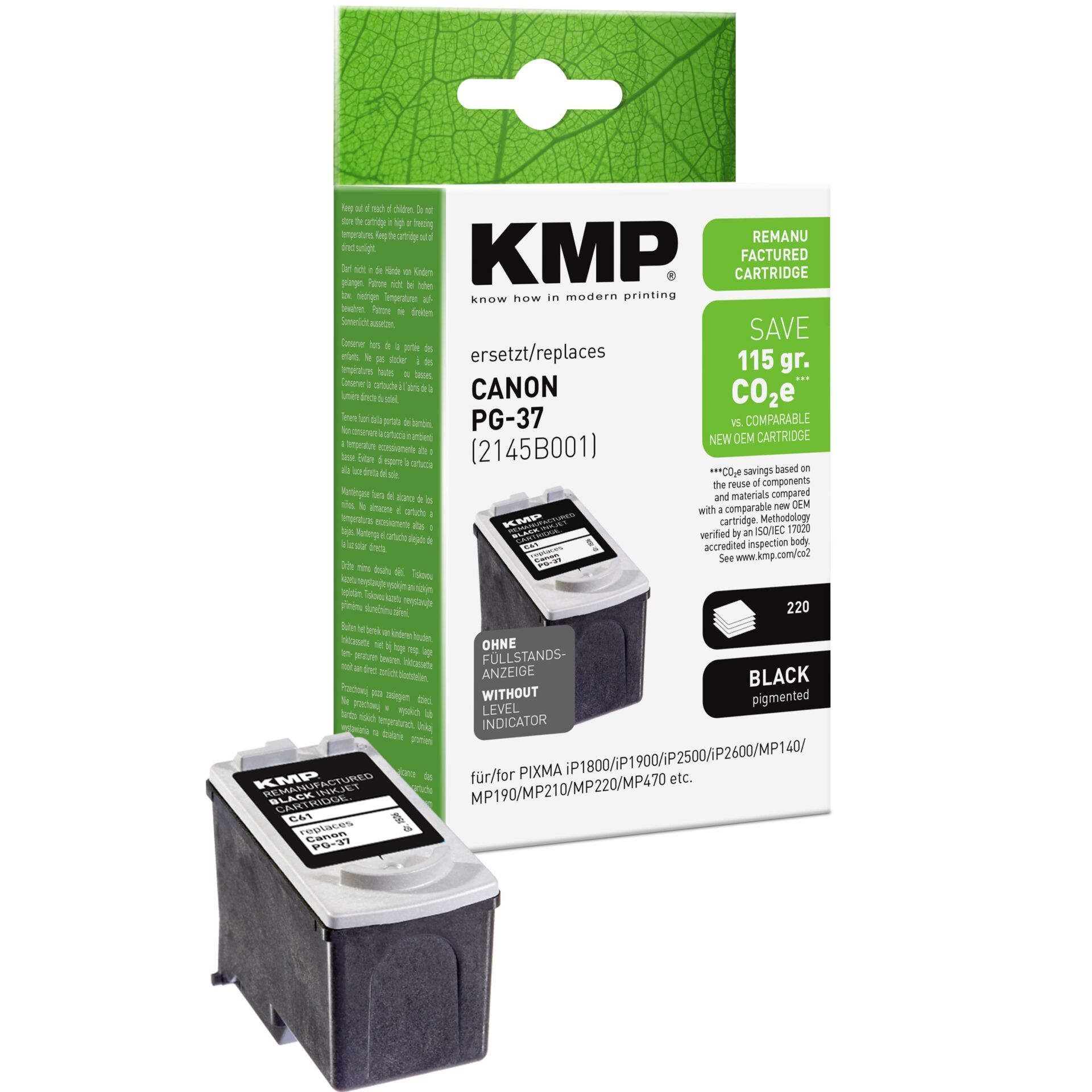 Adapter, Elektronik, QR Code, Tintenpatrone, Canon PG-37, Schwarz, Pigment, Remanufactured cartridge