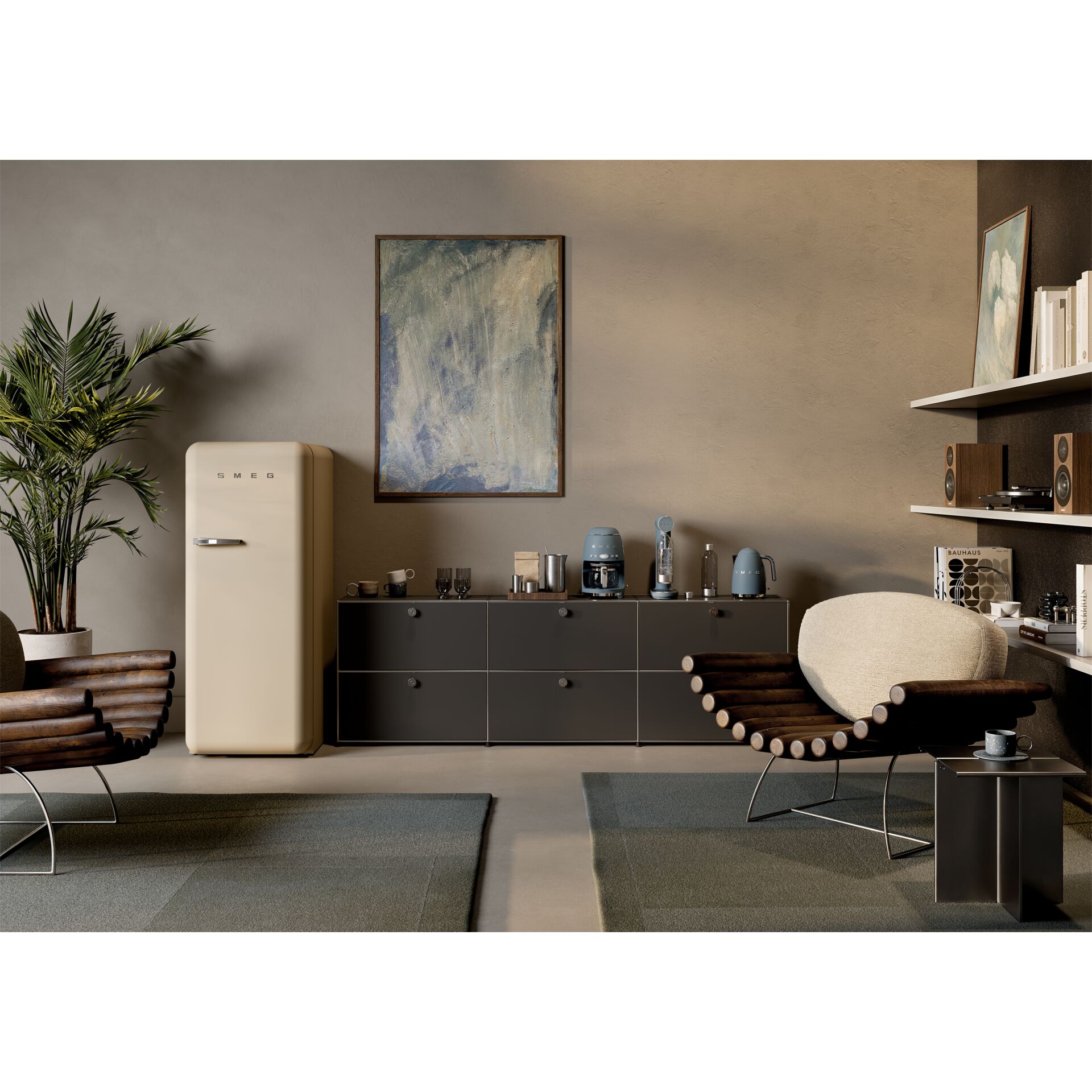 kitchen-appliance, retro-fridge, cabinet, coffee-machine, living-room