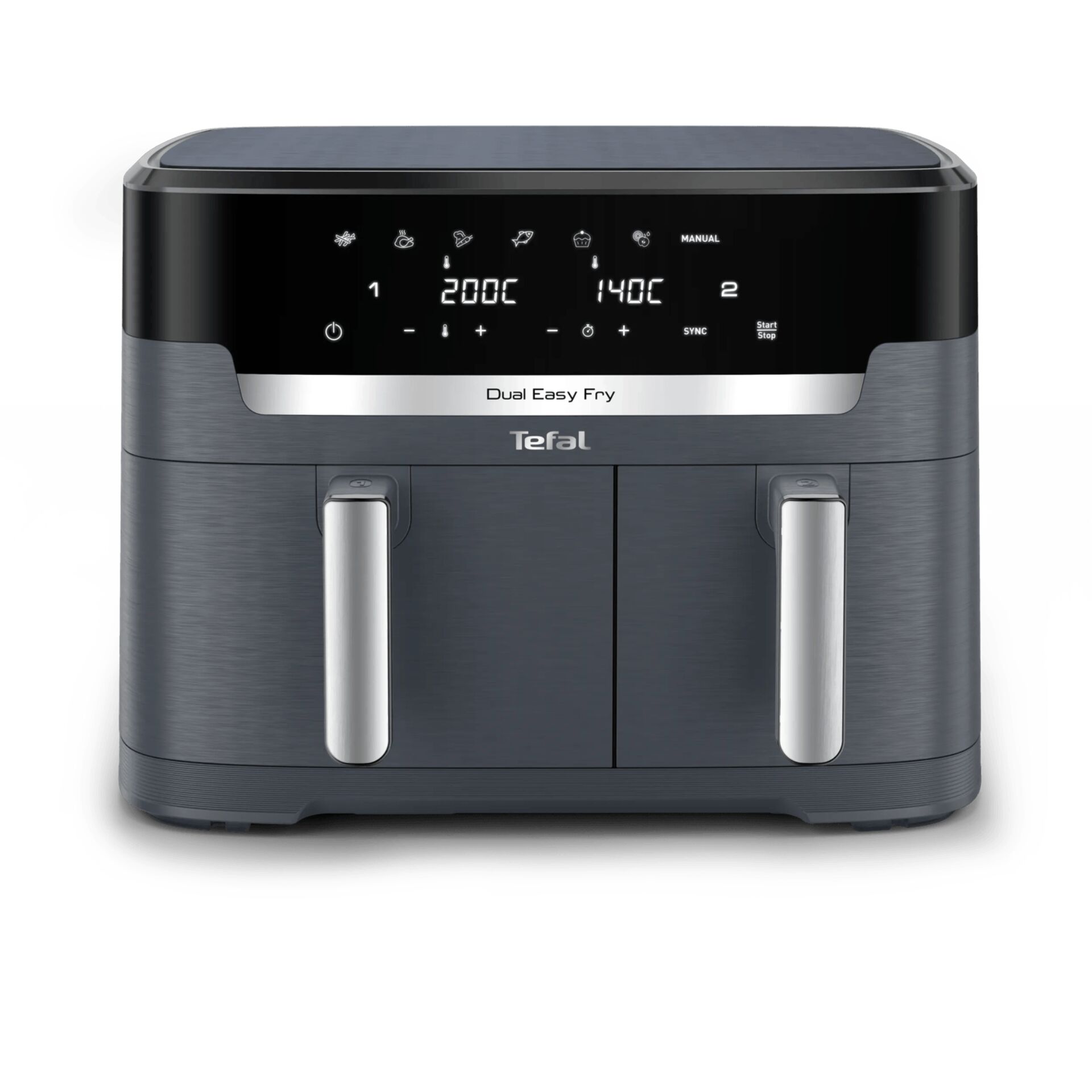 Heißluftfritteuse, Doppelkammer, Digitaldisplay, Edelstahloptik, Schwarz und Silber