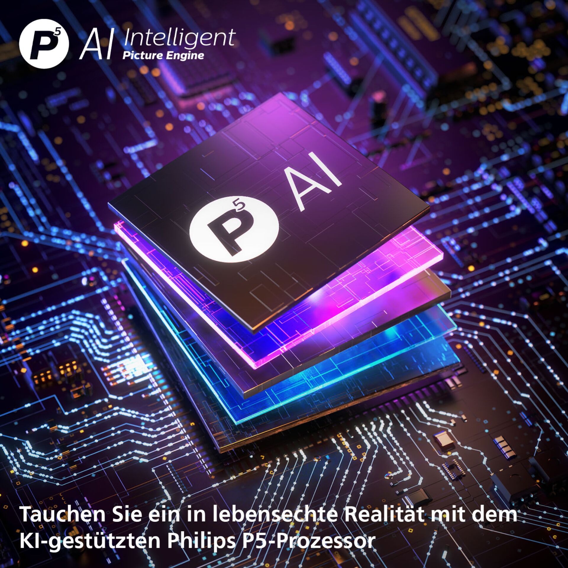 AI-Chip, P5-Prozessor, Mehrschichtiger Stack, Silizium-Chip, lila-blau-Schaltkreis