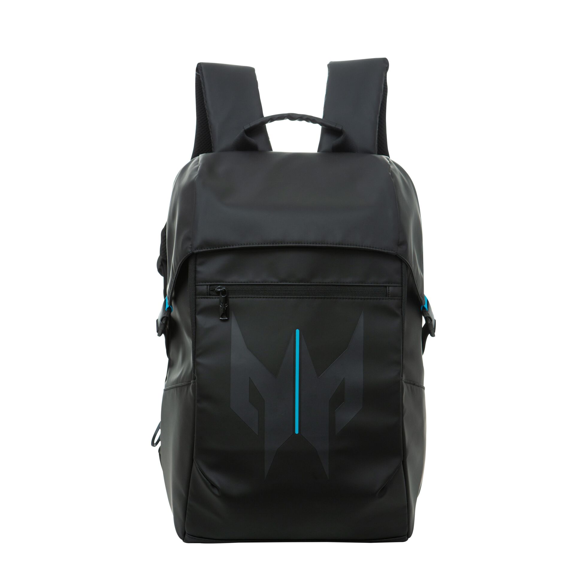 Rucksack, Schwarz, Vordertasche, Himmelblauer Reißverschluss, geometrisches Logo