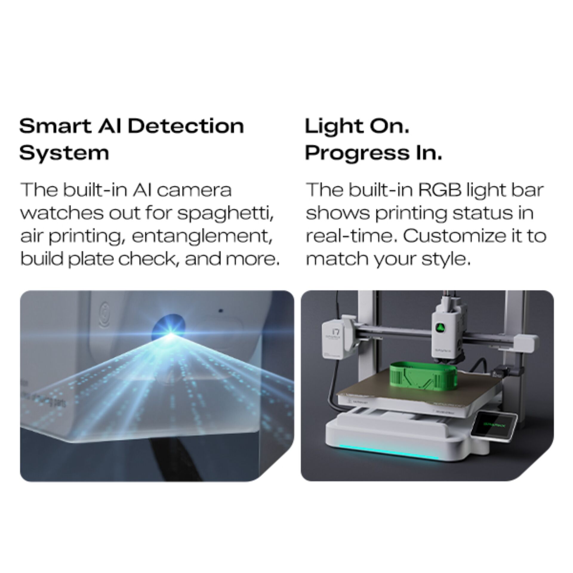 3D-printer, RGB-Licht, Druckplatte, Kamera, KI-Erkennung