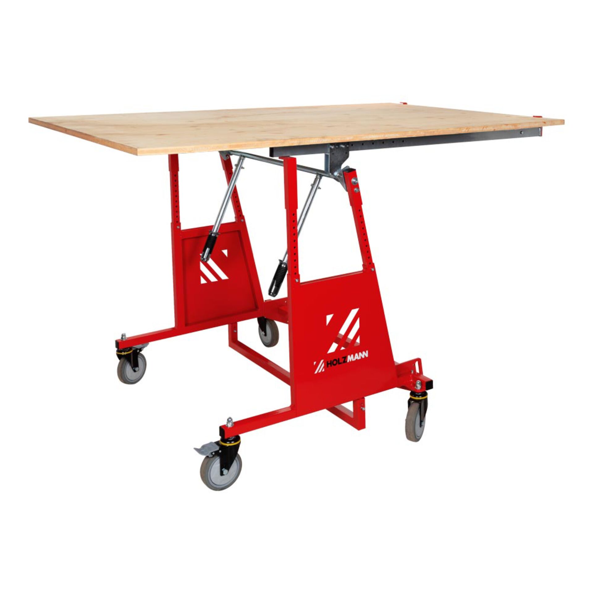 Arbeitsbank, Hebebock, Roter Rahmen, Holzoberfläche, Rollständer