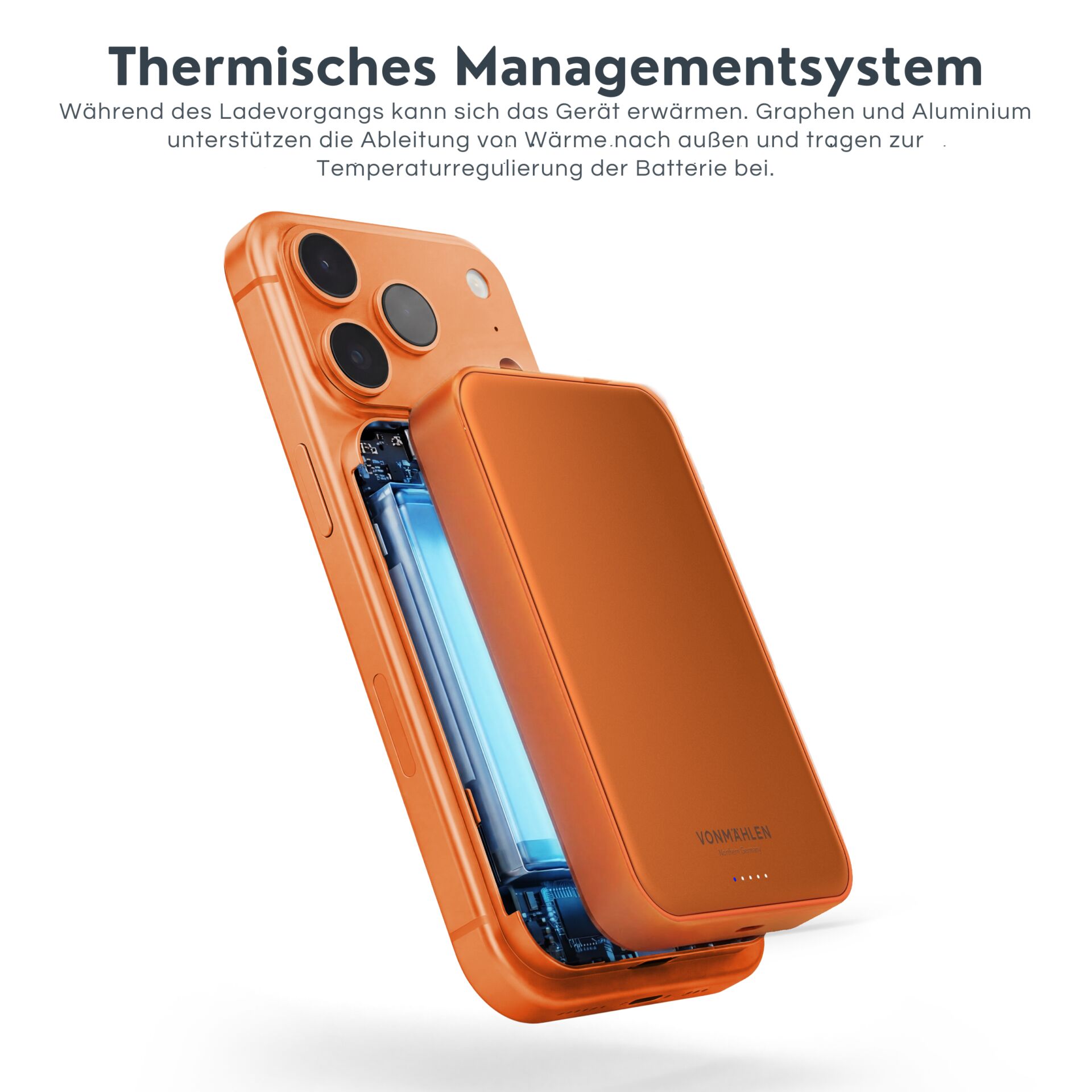 Smartphone, Orange case, Triple camera, Battery/Power bank, Thermal management system