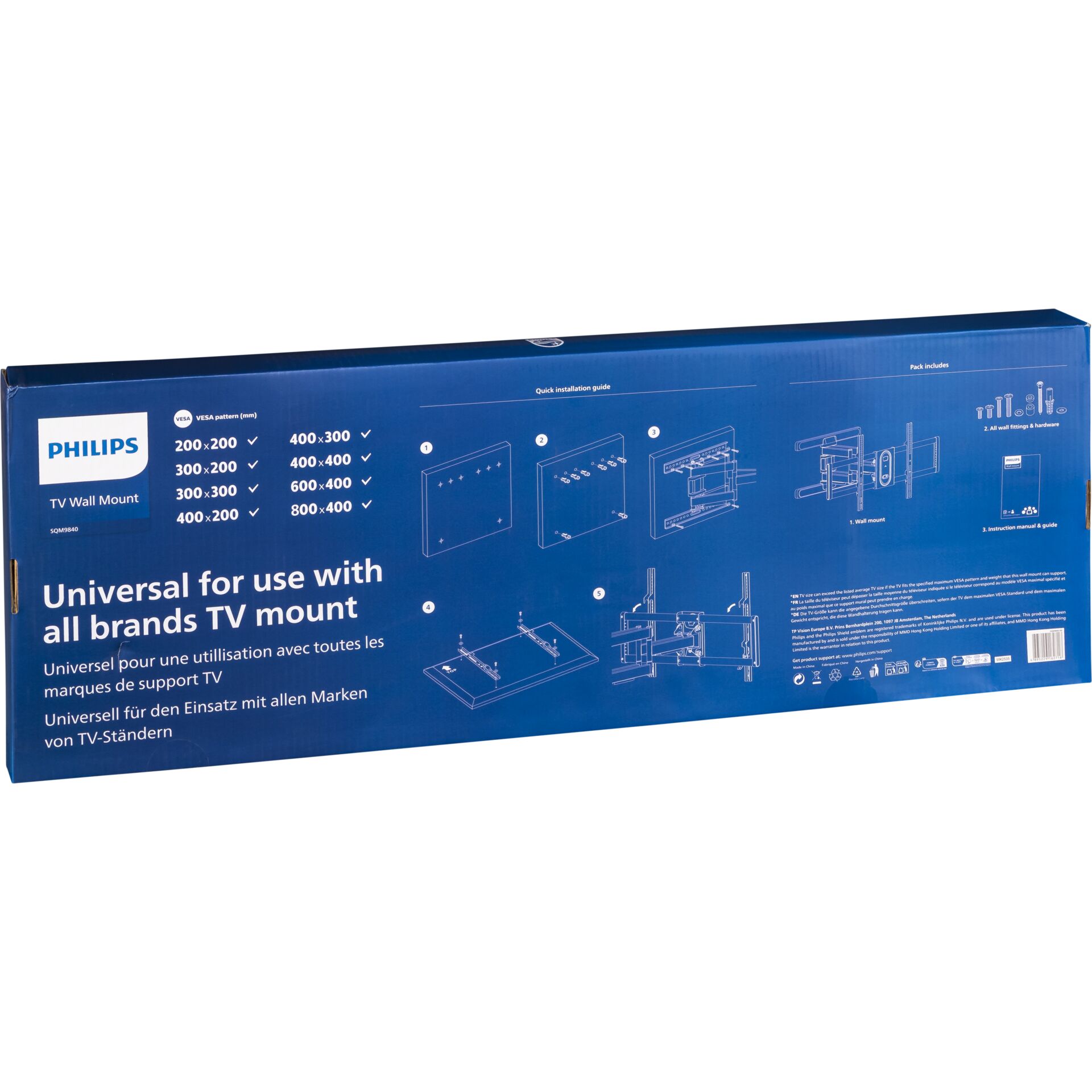 TV Wandhalterung, Wandhalterungsset, universelle Halterung, blaue Verpackung, Montageanleitung