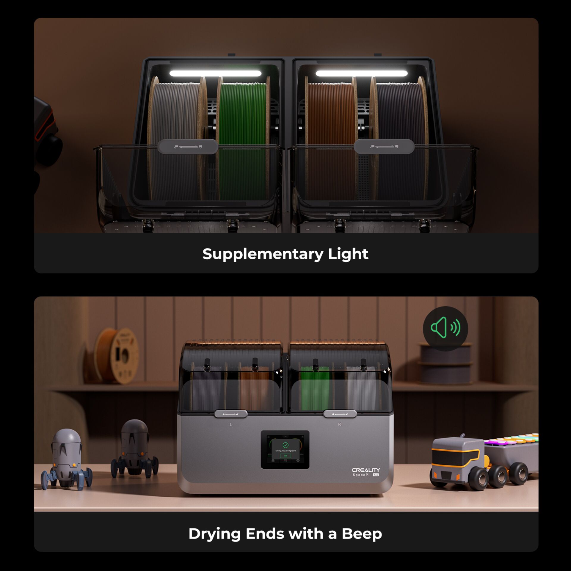 3D-Drucker, Filament-Spule, Duale Spulen, Trocknungsfunktion, Beep-Anzeige