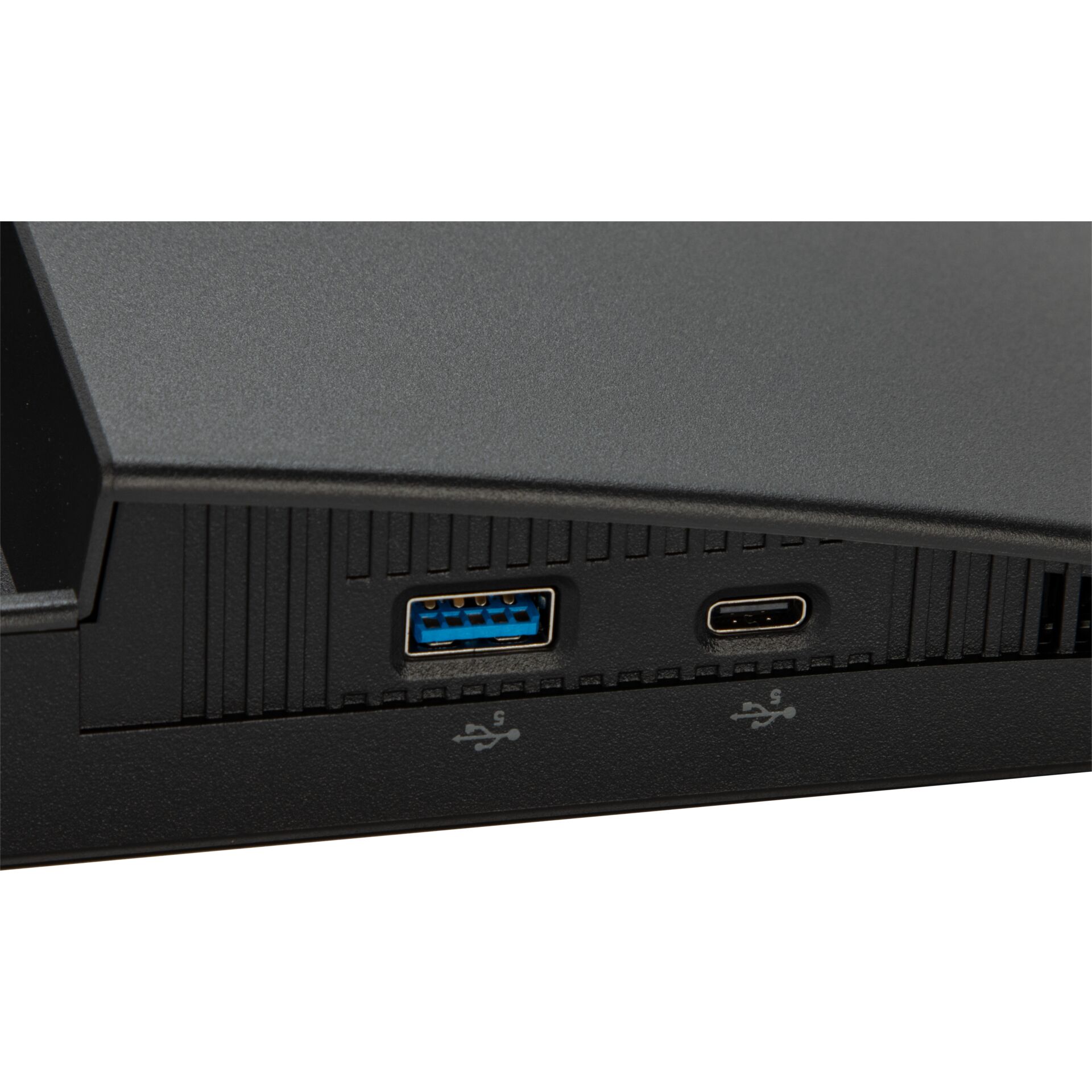 USB-Anschluss, USB-A 3.0, USB-C-Anschluss, schwarzes Gehäuse, Lüftungsschlitze