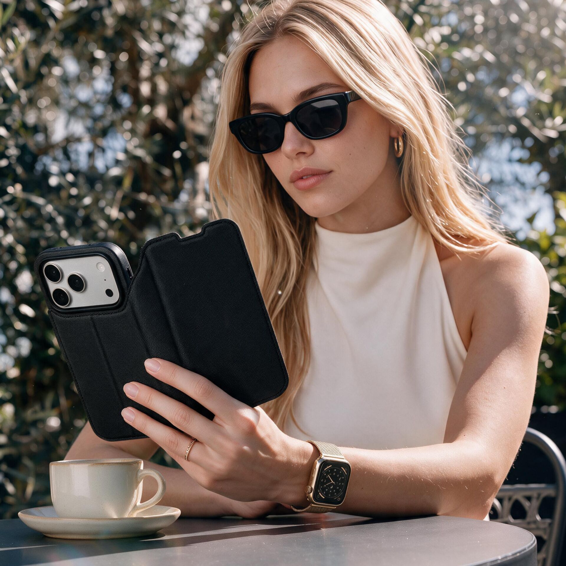 Hülle für Smartphone, Smartphone, Sonnenbrille, Armbanduhr, Außenaufnahme