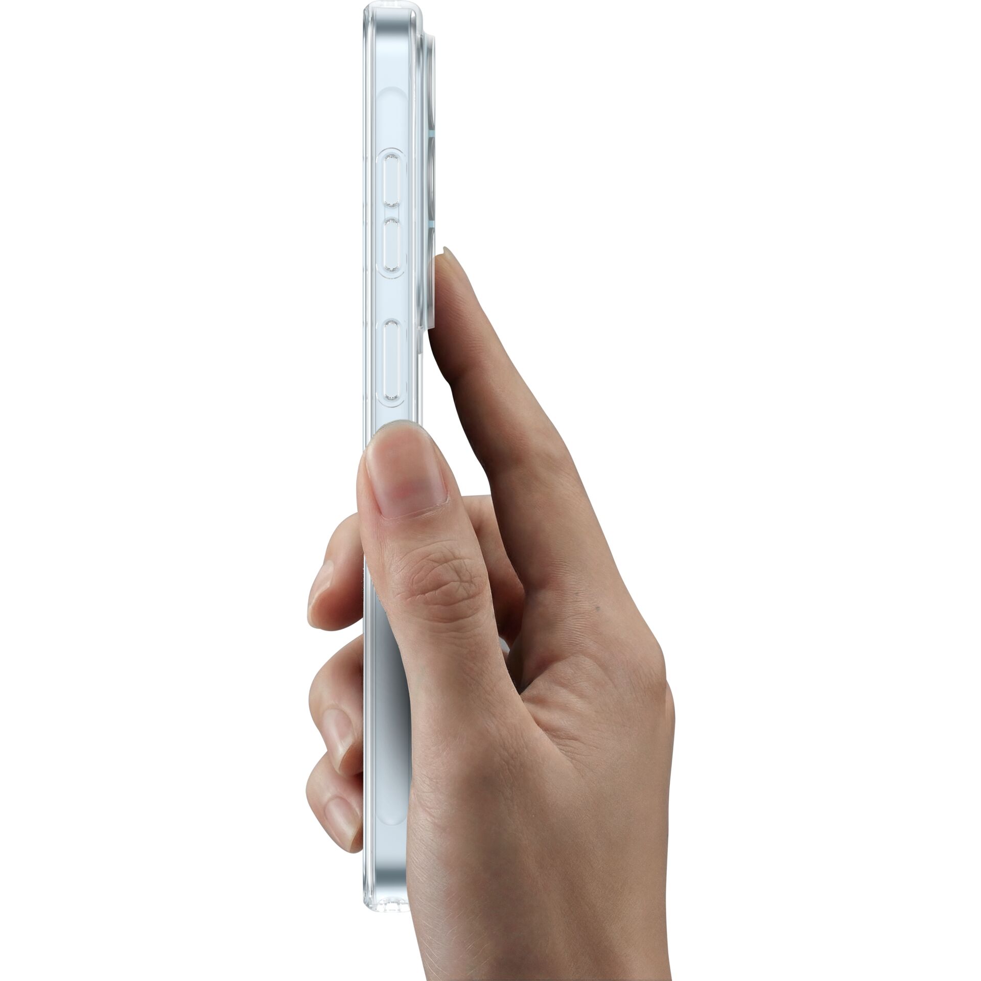 smartphone, caso transparente, funda transparente, botón lateral, diseño delgado