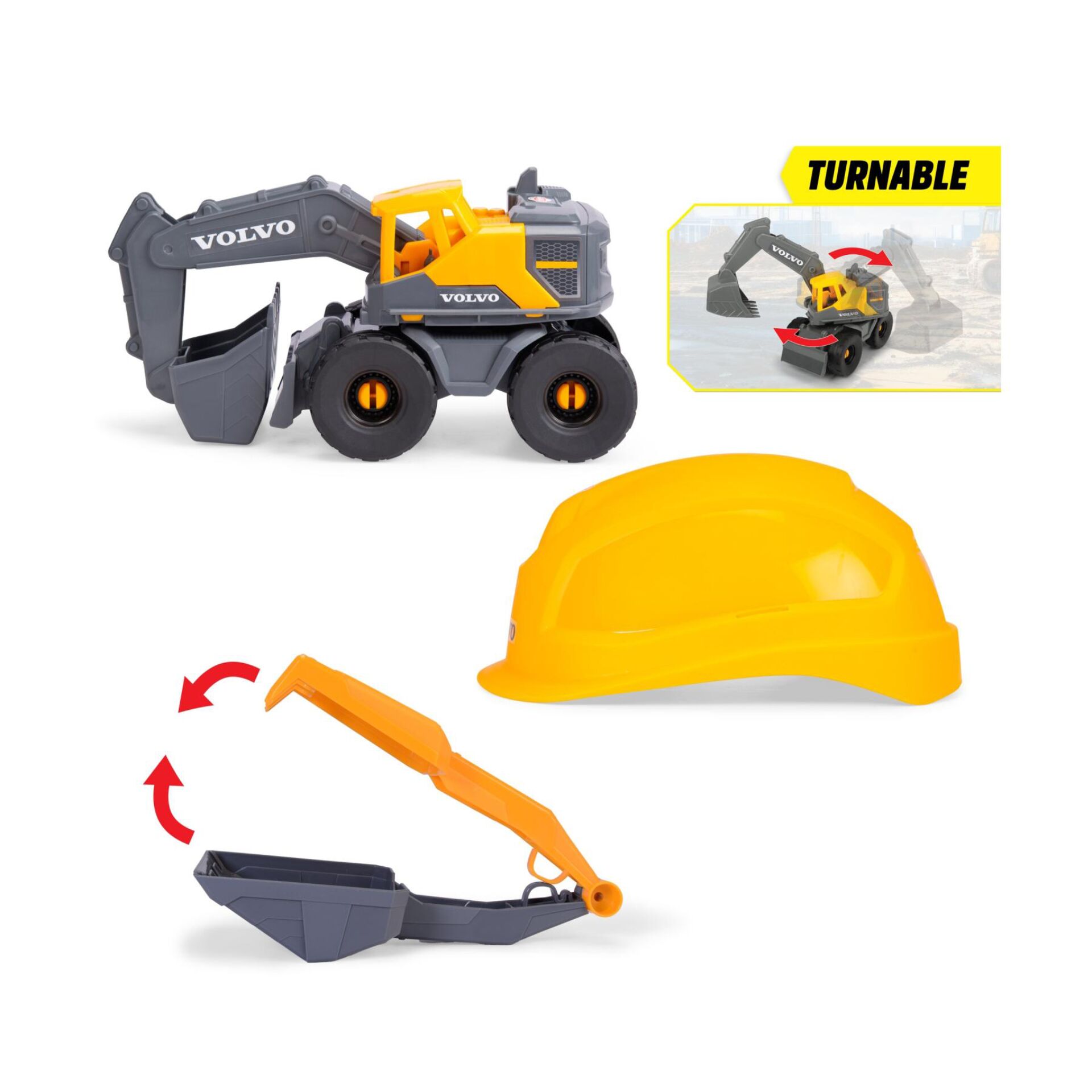 Spielzeugbagger, Schaufelarm, Gelb, Helm, Kleiner Bagger