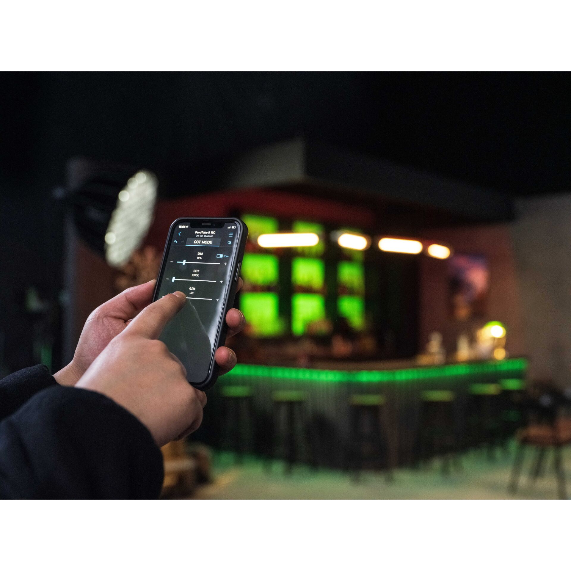 smartphone, app-control, club lighting, bar interior, neon green