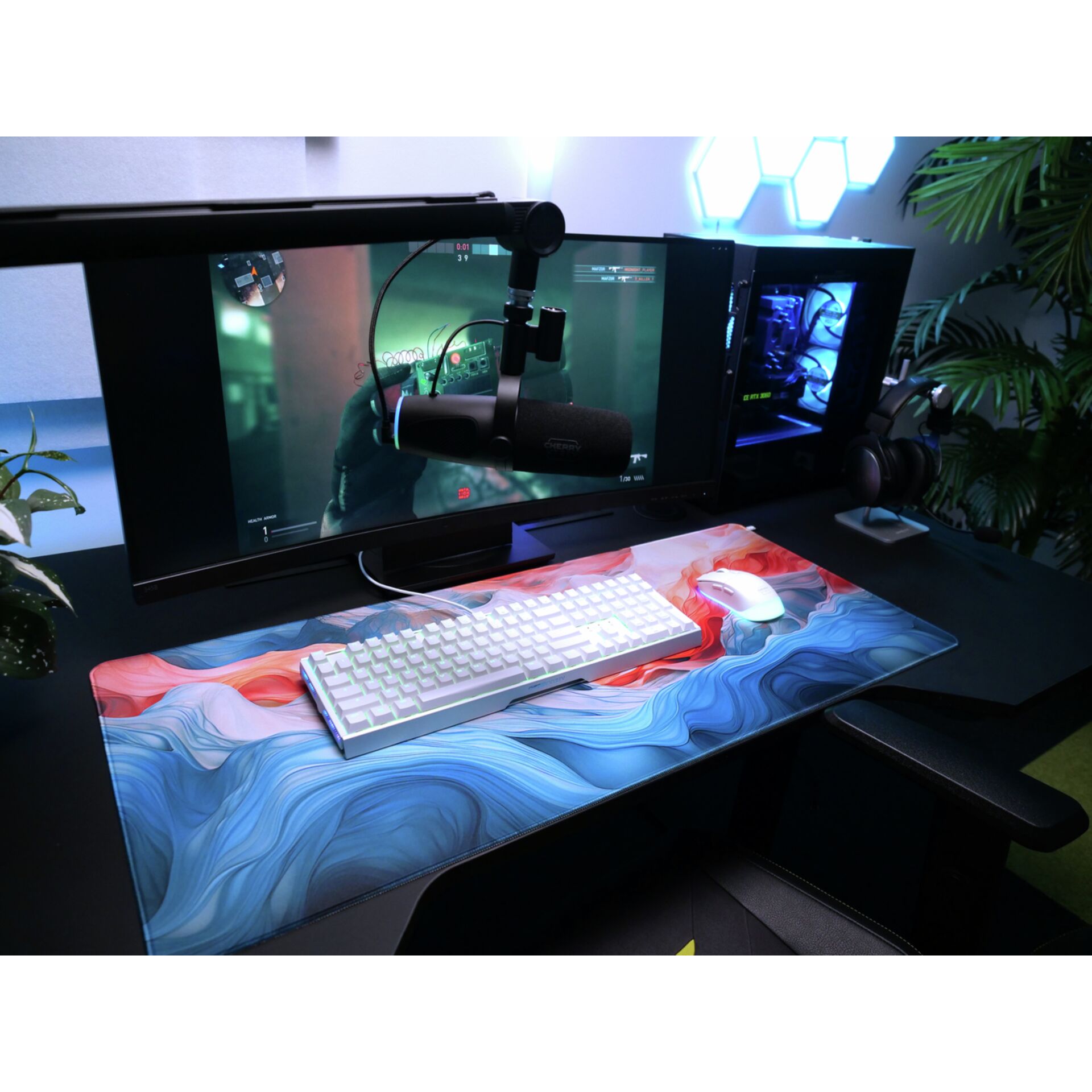 Gaming-Setup, Schreibtisch-Setup, RGB-Beleuchtung, Mechanische-Tastatur, Mauspad