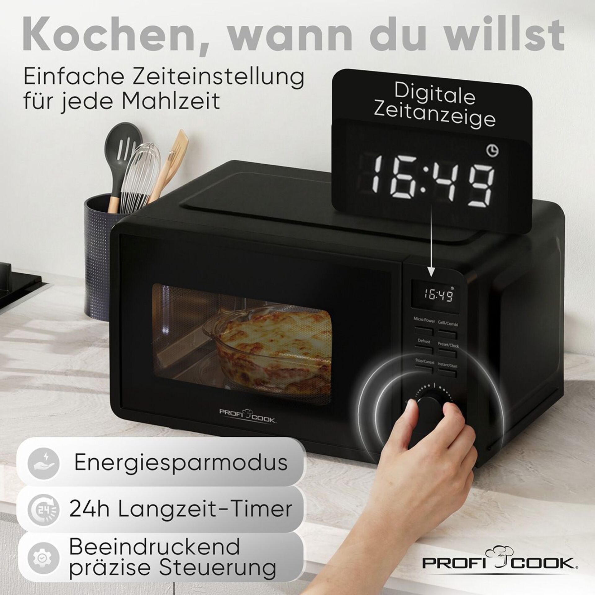 Mikrowelle, digitales Display, Uhrendisplay, Energiesparmodus, Bedienfeld