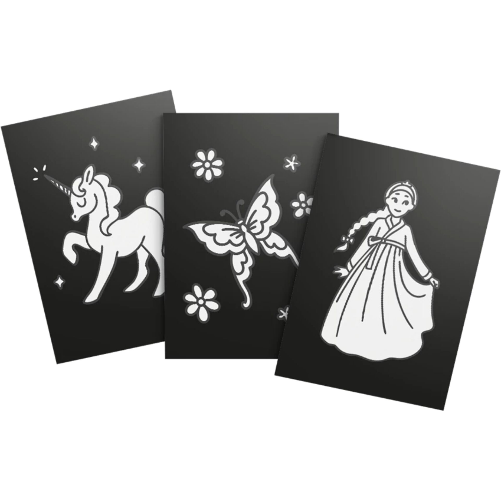 unicorn, kleid, schmetterling, blume, karten trio