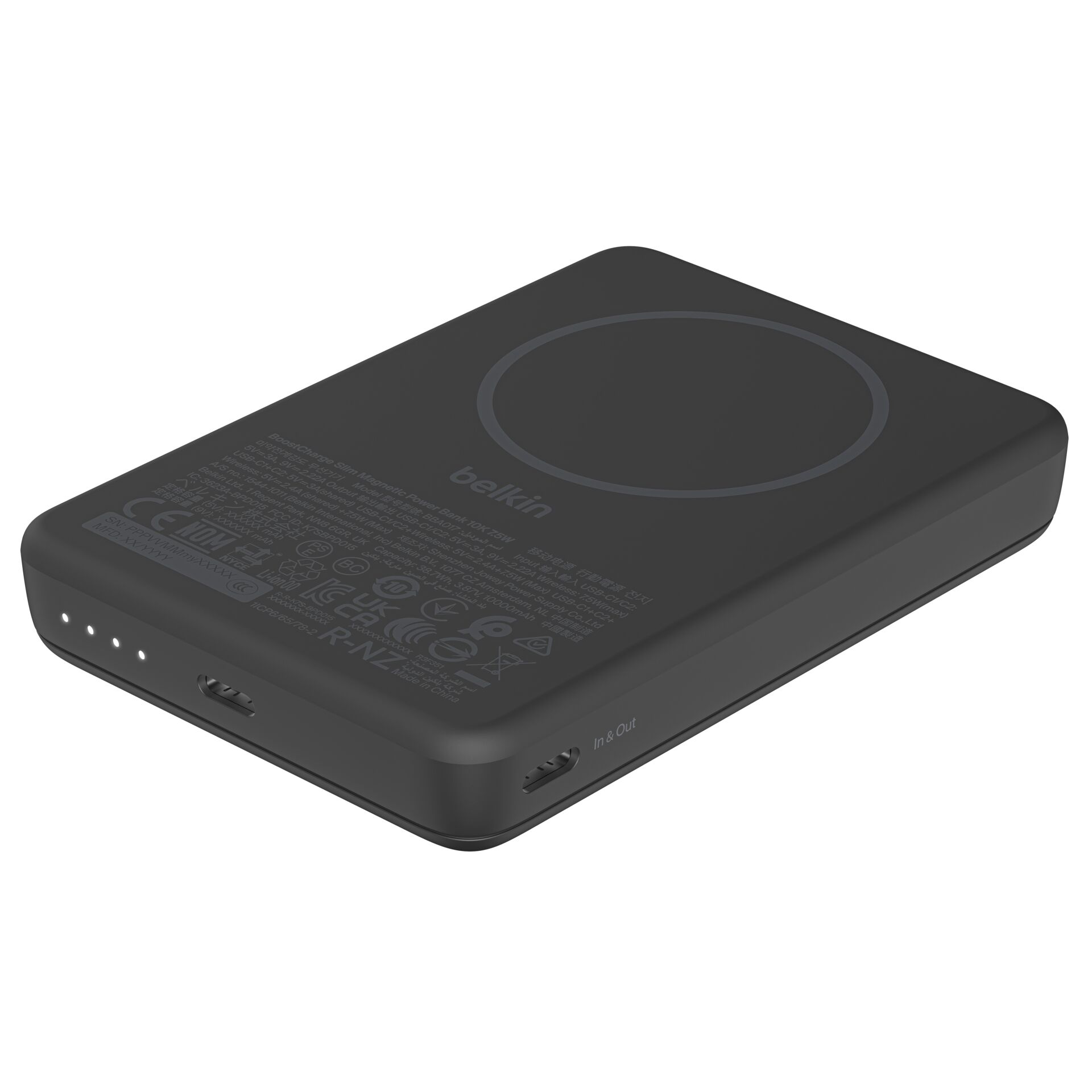 Powerbank, Wireless charger, USB-C, In/Out-Port, Dunkelgrau