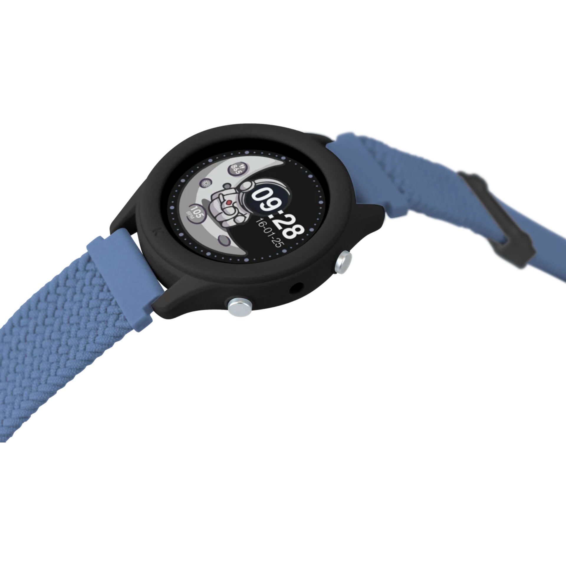 Smartwatch, digitale Uhr, blauer Armband, runde Geﬂäche, Wearable